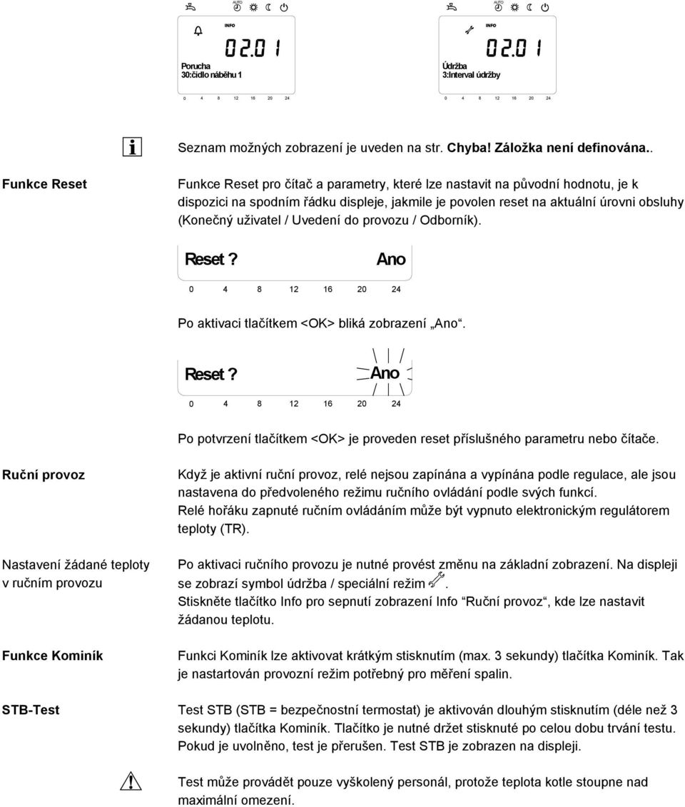 uživatel / Uvedení do provozu / Odborník). Reset? Ano Po aktivaci tlačítkem <OK> bliká zobrazení Ano. Reset? Ano Po potvrzení tlačítkem <OK> je proveden reset příslušného parametru nebo čítače.