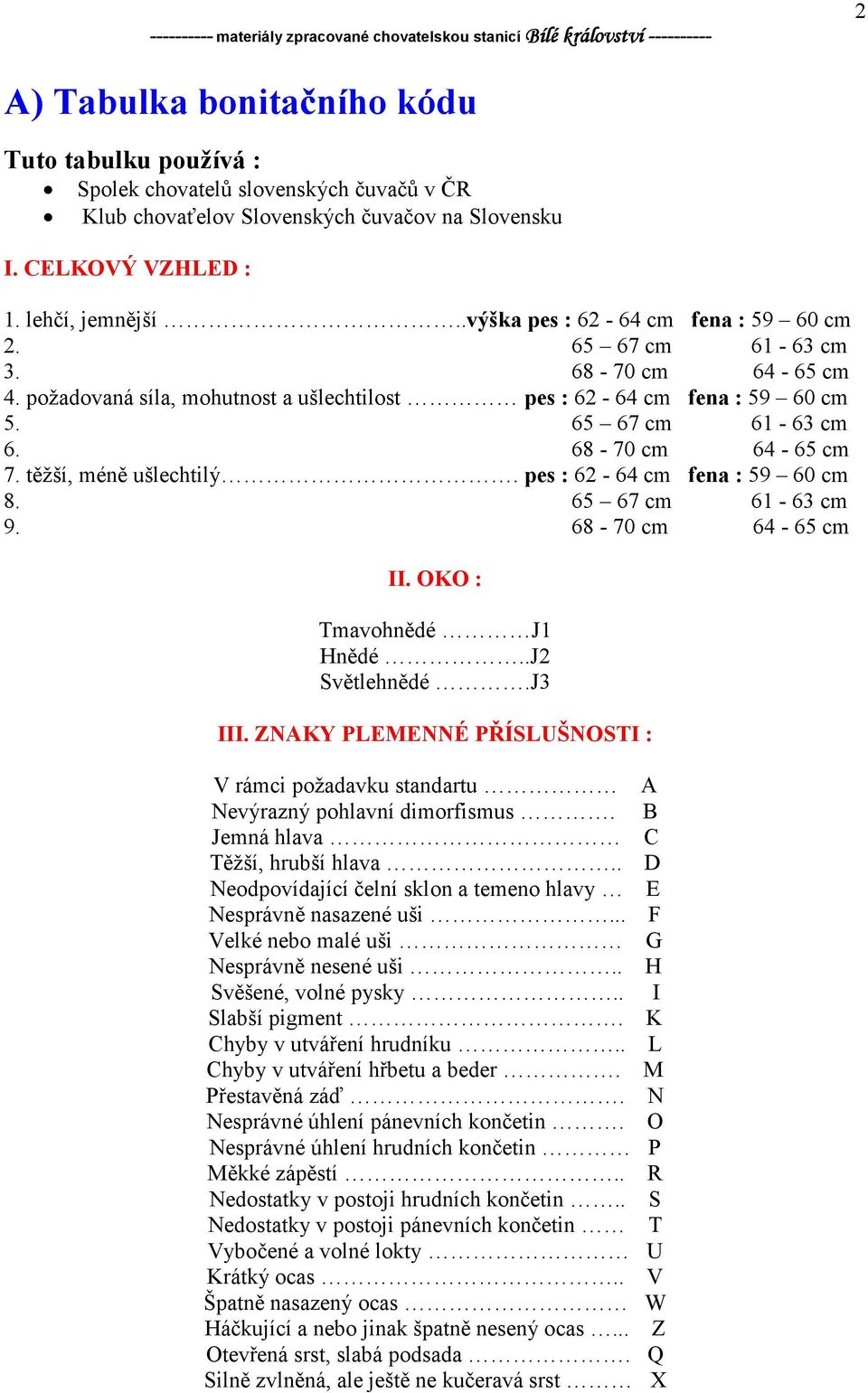 těžší, méně ušlechtilý. pes : 62-64 cm fena : 59 60 cm 8. 65 67 cm 61-63 cm 9. 68-70 cm 64-65 cm II. OKO : Tmavohnědé J1 Hnědé..J2 Světlehnědé.J3 III.