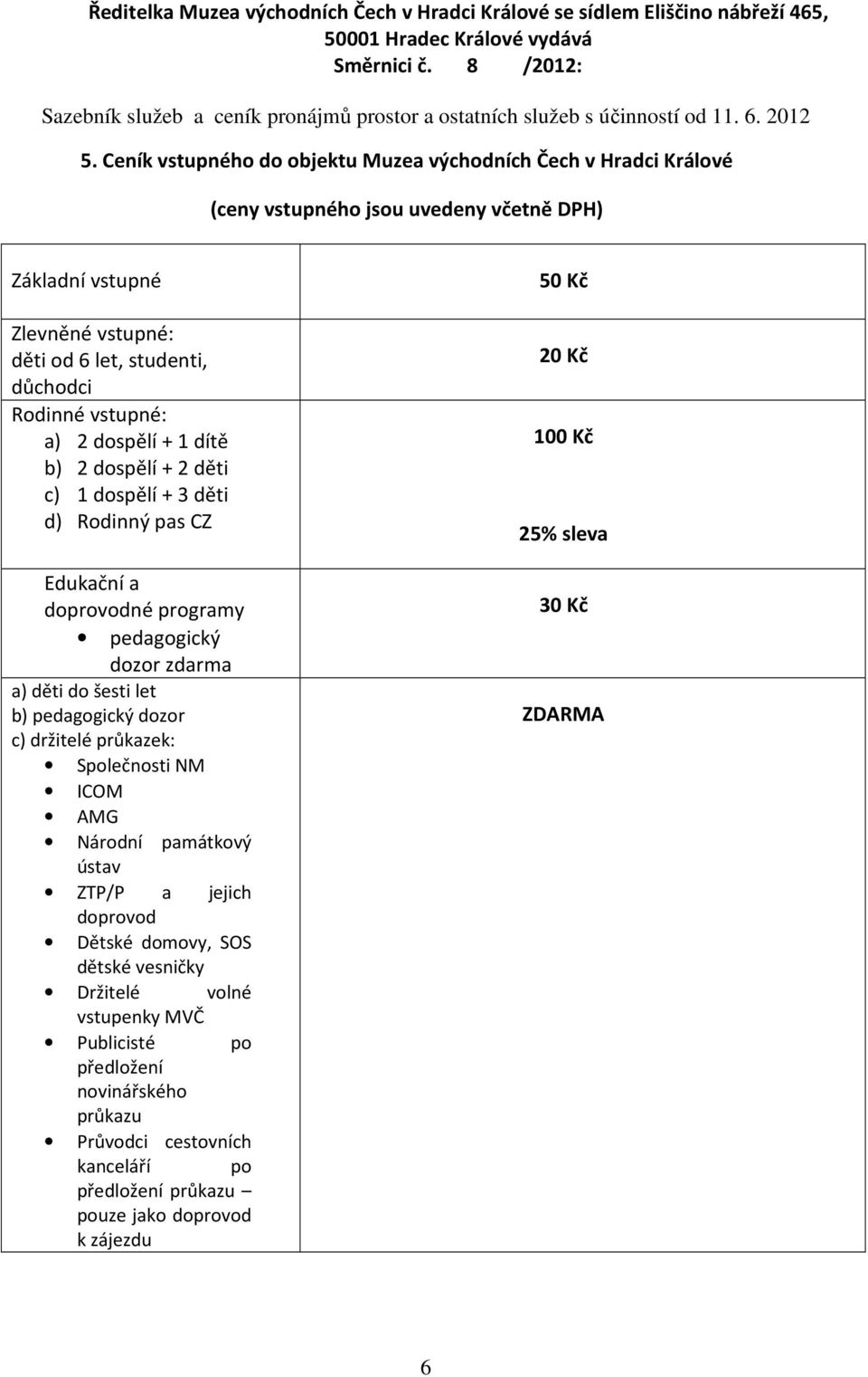 do šesti let b) pedagogický dozor c) držitelé průkazek: Společnosti NM ICOM AMG Národní památkový ústav ZTP/P a jejich doprovod Dětské domovy, SOS dětské vesničky Držitelé