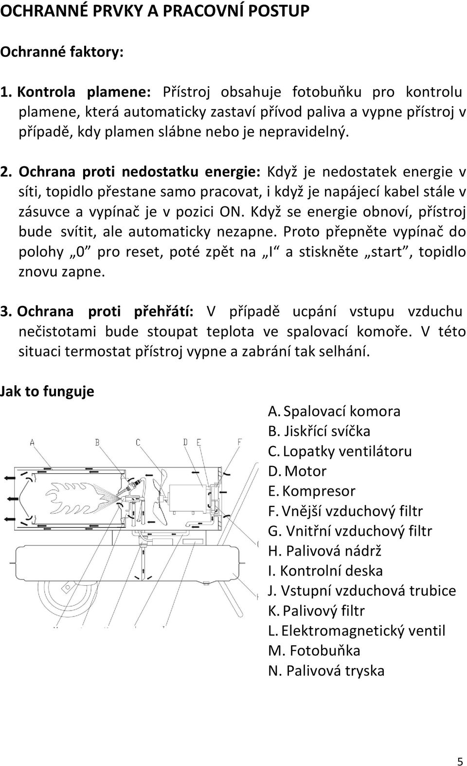 Ochrana proti nedostatku energie: Když je nedostatek energie v síti, topidlo přestane samo pracovat, i když je napájecí kabel stále v zásuvce a vypínač je v pozici ON.