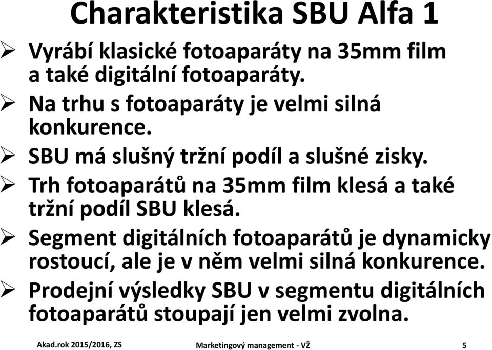 Trh fotoaparátů na 35mm film klesá a také tržní podíl SBU klesá.