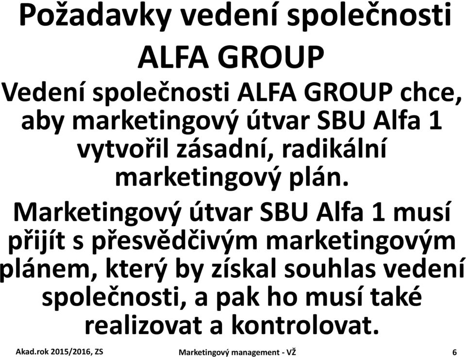 Marketingový útvar SBU Alfa 1 musí přijít s přesvědčivým marketingovým plánem, který by získal