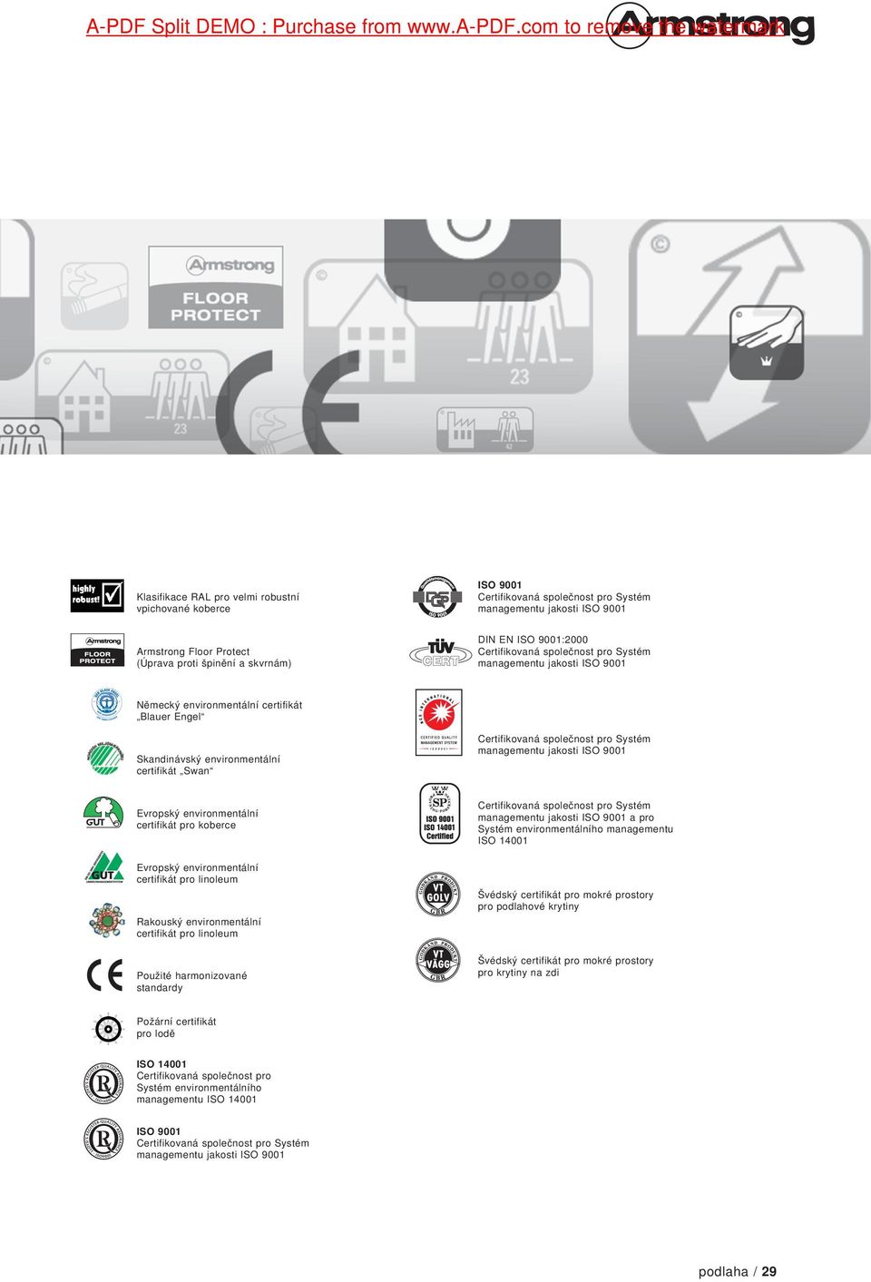 managementu jakosti ISO 9001 Německý environmentální certifikát Blauer Engel Skandinávský environmentální certifikát Swan managementu jakosti ISO 9001 Evropský environmentální certifikát pro koberce