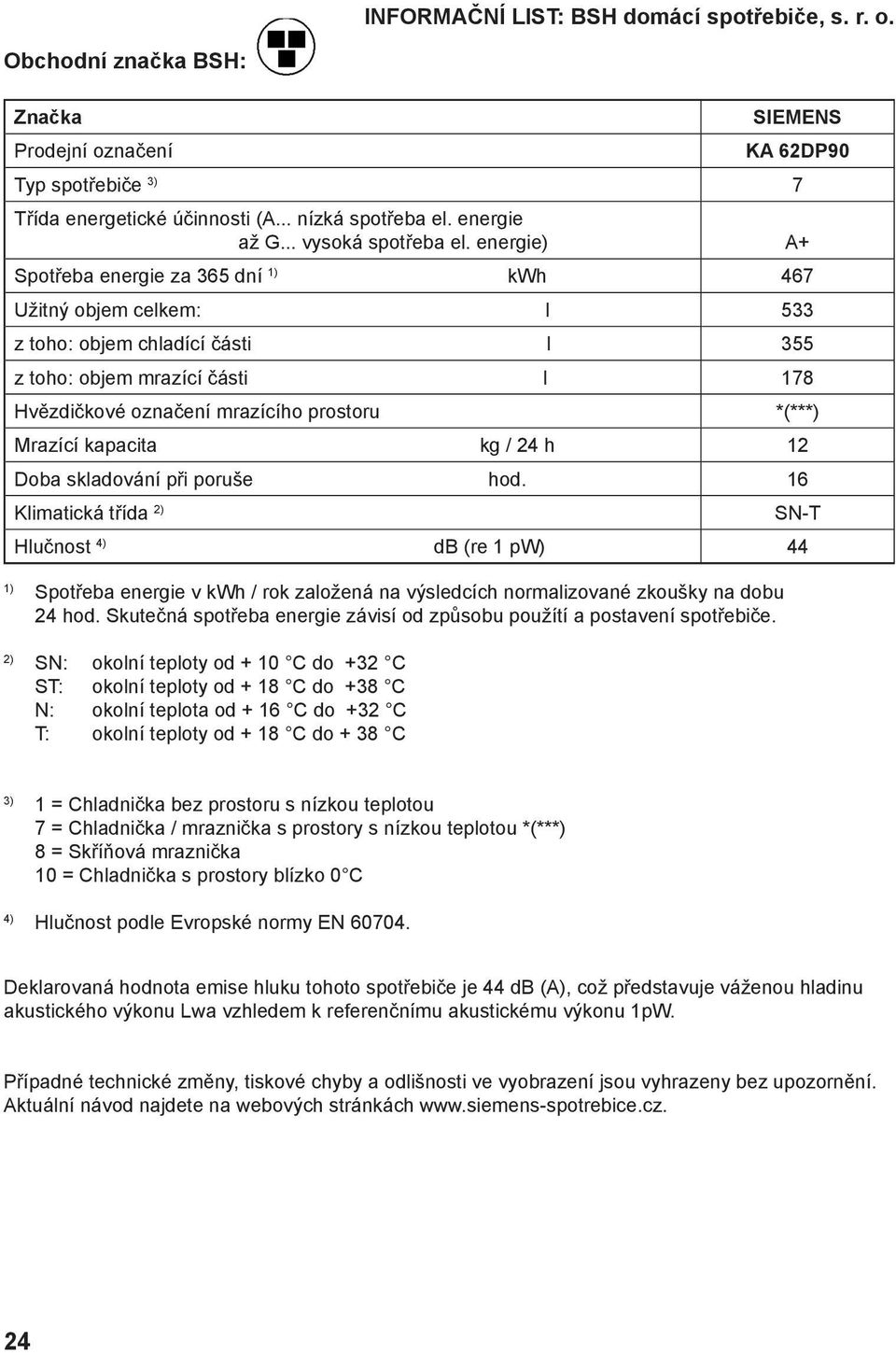 energie) A+ Spotřeba energie za 365 dní kwh 467 Užitný objem celkem: l 533 z toho: objem chladící části l 355 z toho: objem mrazící části l 178 Hvězdičkové označení mrazícího prostoru *(***) Mrazící