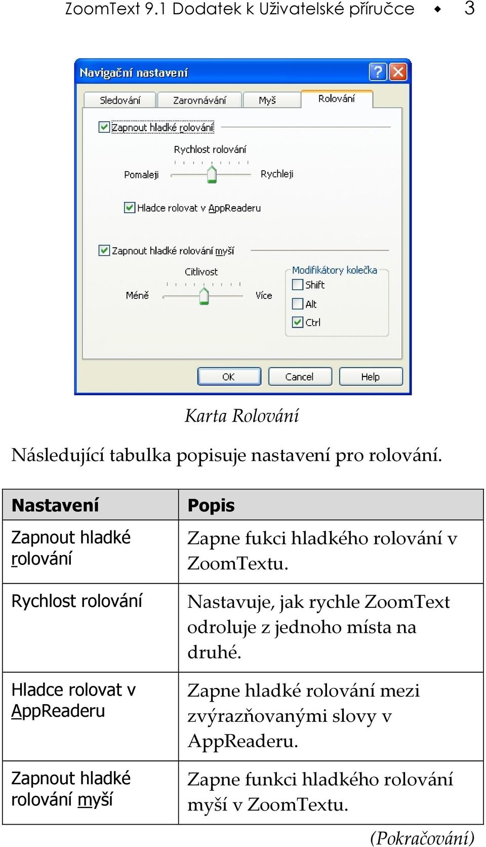 Zapne fukci hladkého rolování v ZoomTextu. Nastavuje, jak rychle ZoomText odroluje z jednoho místa na druhé.