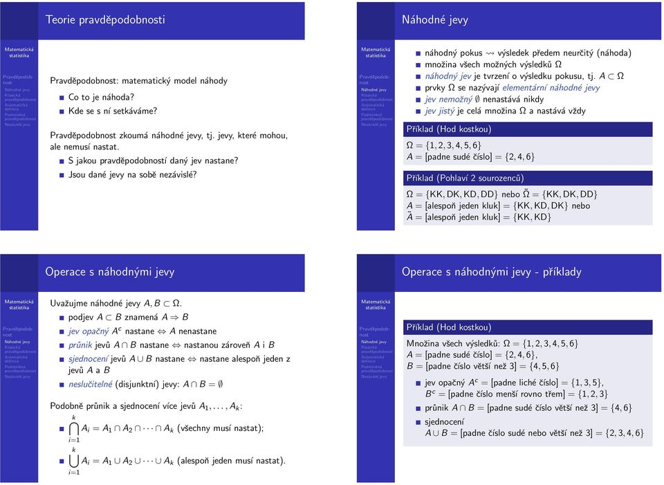 A Ω prvky Ω se nazývají elementární náhodné jevy jev nemožný nenastává nikdy jev jistý je celá množina Ω a nastává vždy (Hod kostkou) Ω = {1,2,3,4,5,6} A = [padne sudé číslo] = {2,4,6} (Pohlaví 2