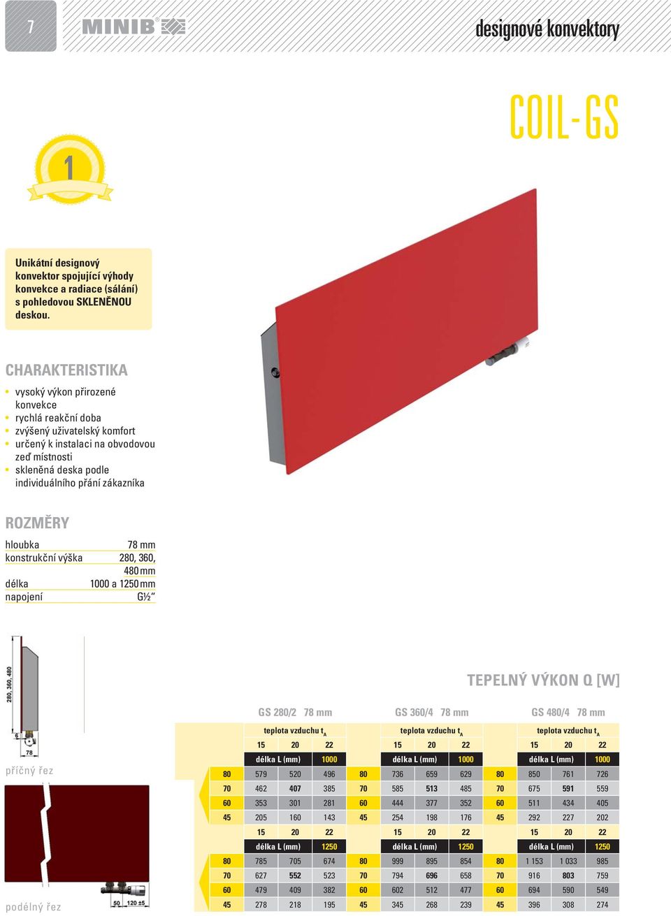 ROZMĚRY hloubka 78 mm konstrukční výška 280, 360, 480 mm délka 1000 a 1250 mm napojení G½ TEPELNÝ VÝKON Q [W] GS 280/2 78 mm GS 360/4 78 mm GS 480/4 78 mm příčný řez podélný řez střední teplota vody