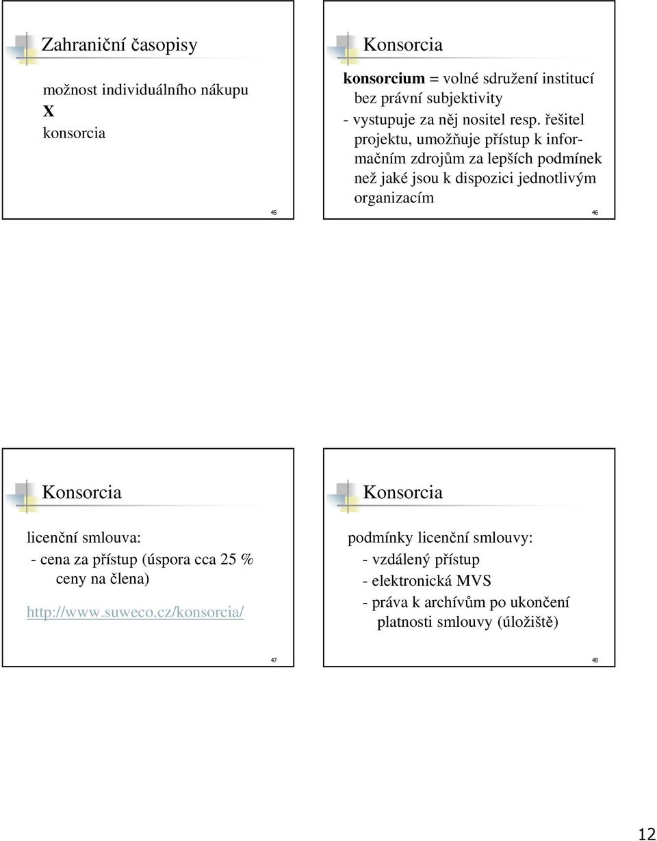 řešitel projektu, umožňuje přístup k informačním zdrojům za lepších podmínek než jaké jsou k dispozici jednotlivým organizacím 46