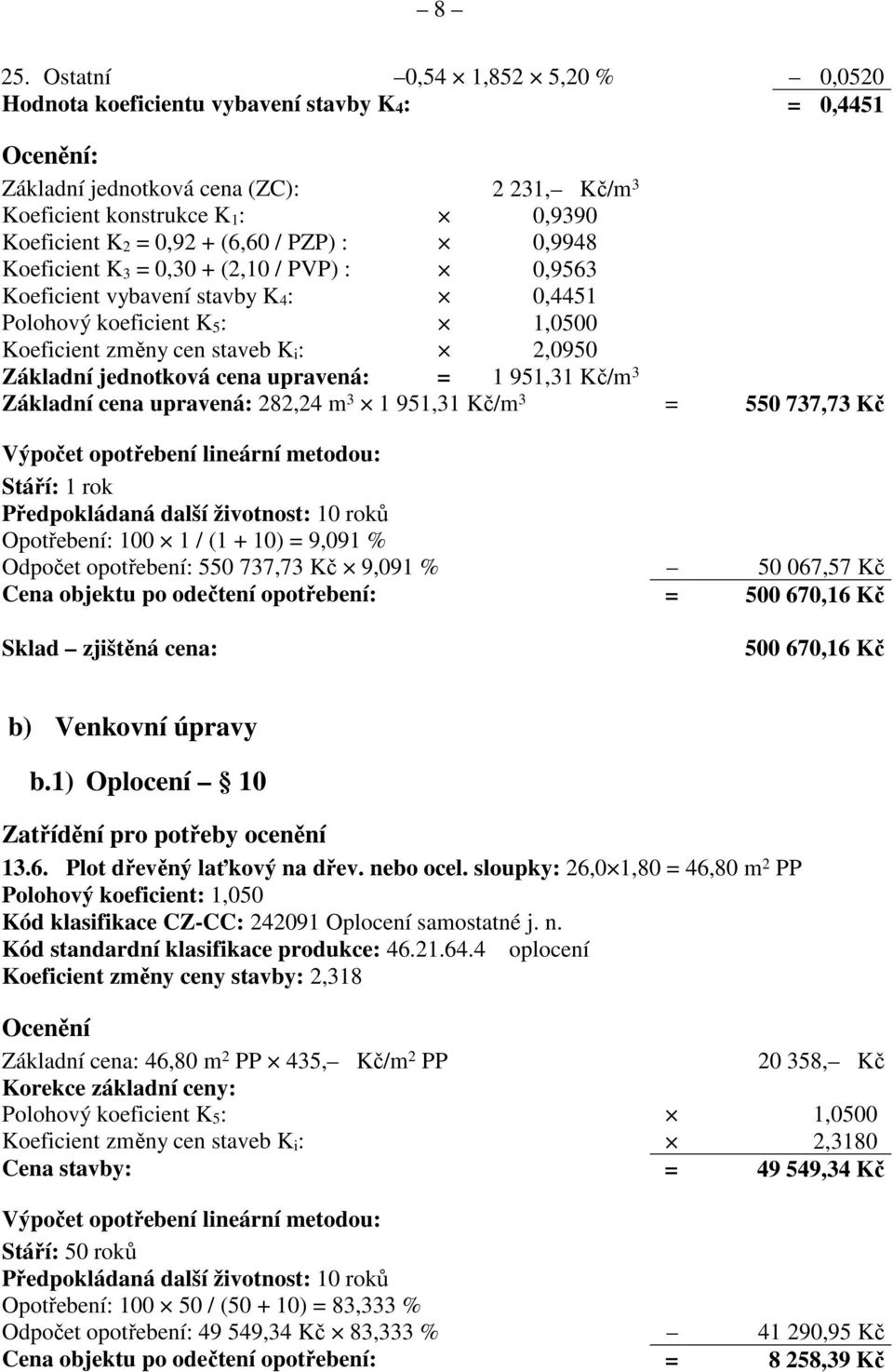 jednotková cena upravená: = 1 951,31 Kč/m 3 Základní cena upravená: 282,24 m 3 1 951,31 Kč/m 3 = 550 737,73 Kč Výpočet opotřebení lineární metodou: Stáří: 1 rok Předpokládaná další životnost: 10 roků