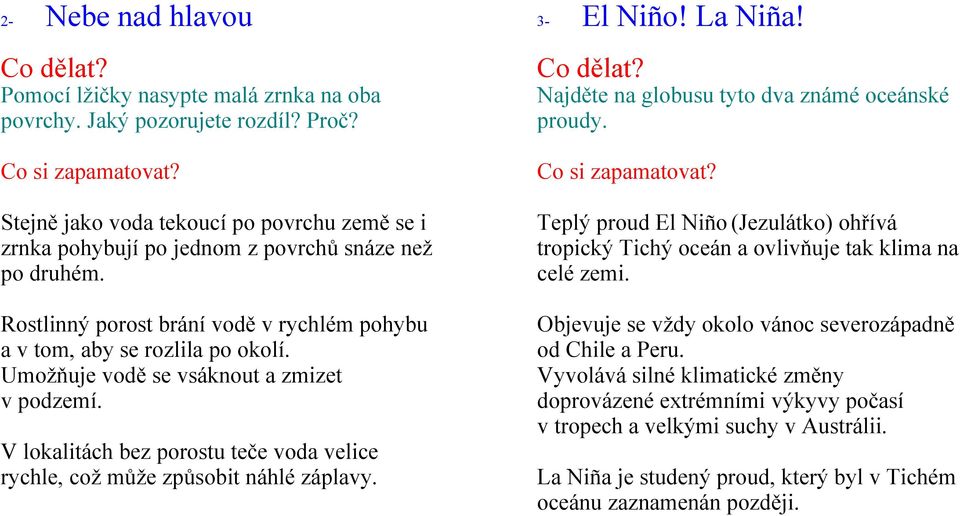 V lokalitách bez porostu teče voda velice rychle, což může způsobit náhlé záplavy. 3- El Niño! La Niña! Najděte na globusu tyto dva známé oceánské proudy.