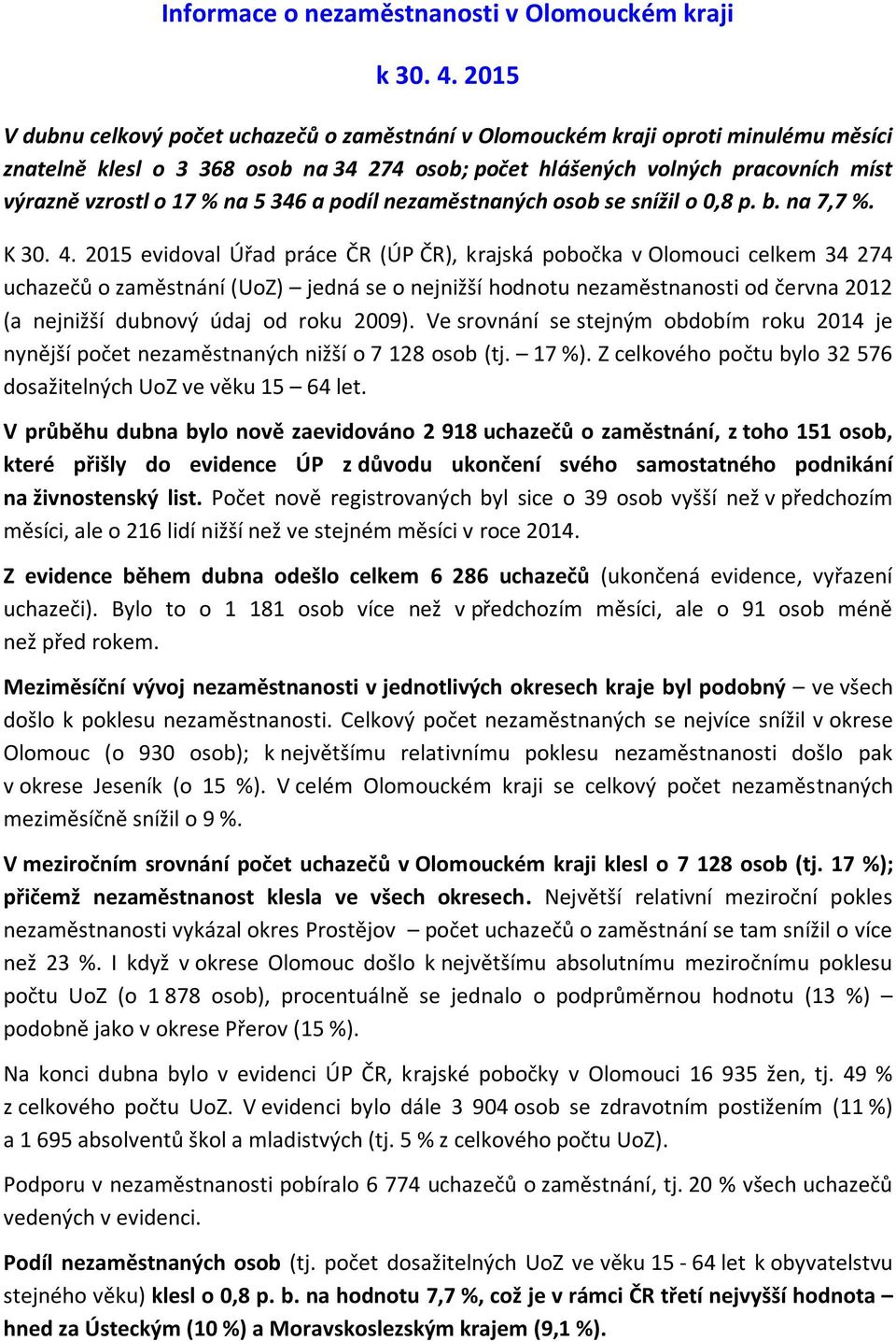 na 5 346 a podíl nezaměstnaných osob se snížil o 0,8 p. b. na 7,7 %. K 30. 4.