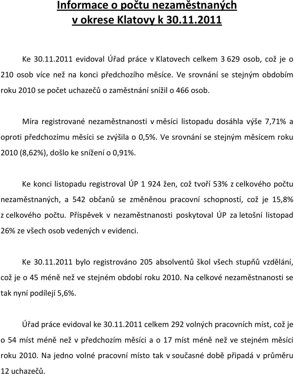 Míra registrované nezaměstnanosti v měsíci listopadu dosáhla výše 7,71% a oproti předchozímu měsíci se zvýšila o 0,5%. Ve srovnání se stejným měsícem roku 2010 (8,62%), došlo ke snížení o 0,91%.