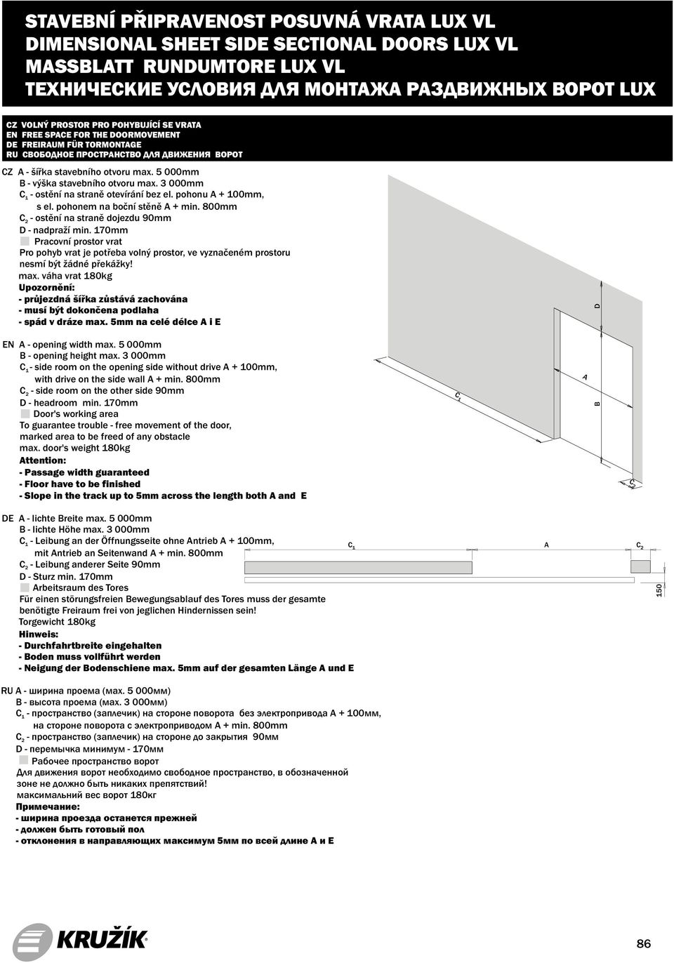 5 000mm C1 - side room on the opening side without drive + mm, with drive on the side wall + min.