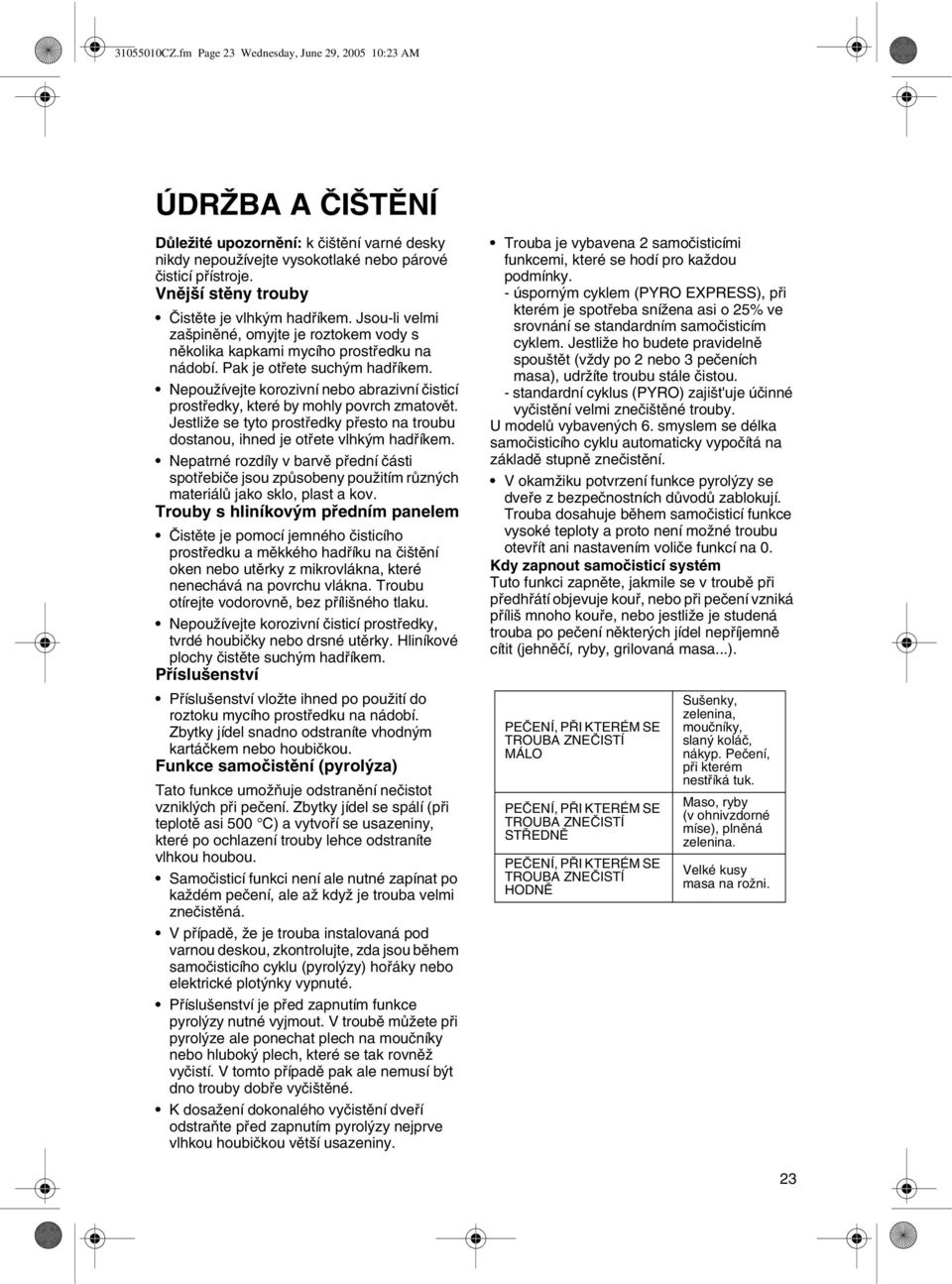 Nepoužívejte korozivní nebo abrazivní čisticí prostředky, které by mohly povrch zmatovět. Jestliže se tyto prostředky přesto na troubu dostanou, ihned je otřete vlhkým hadříkem.