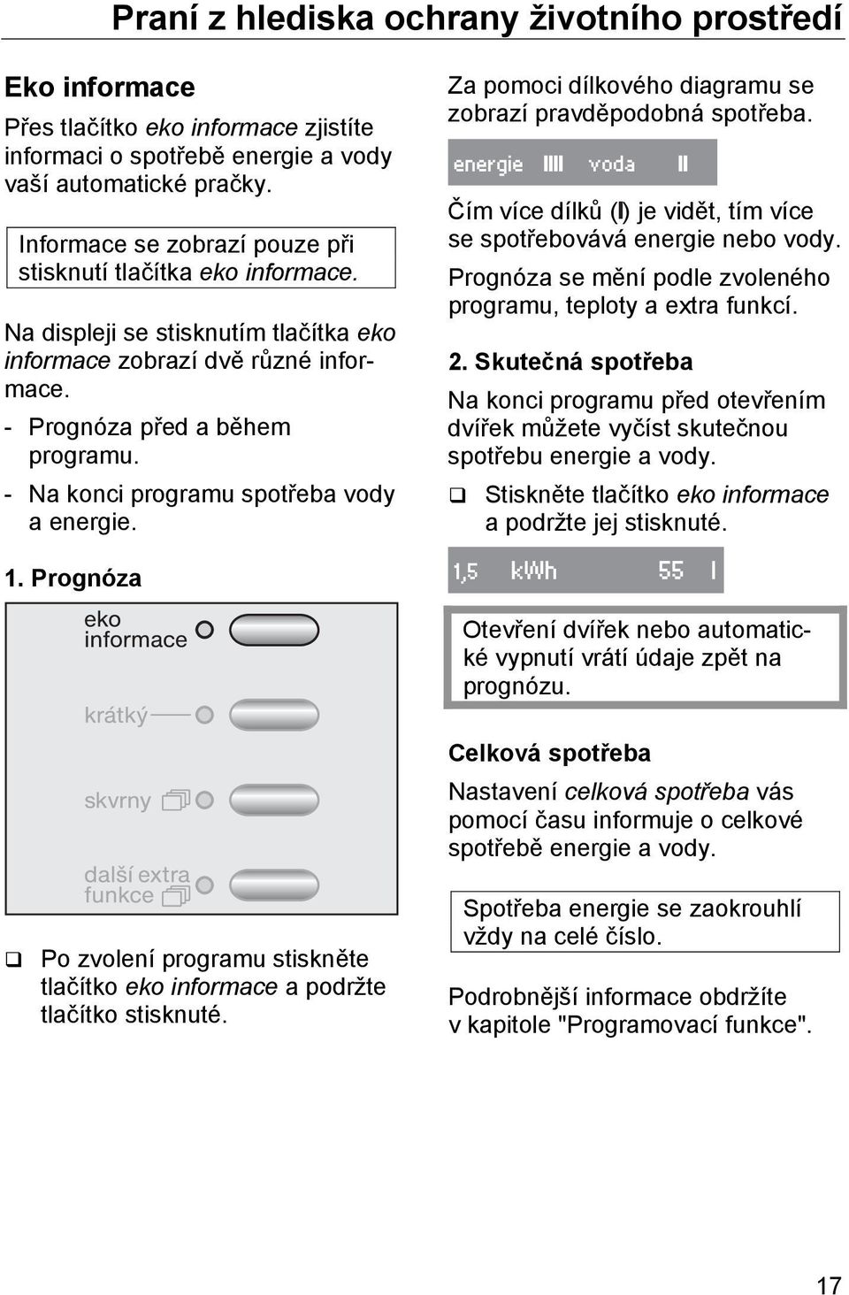 - Na konci programu spotřeba vody a energie. Za pomoci dílkového diagramu se zobrazí pravděpodobná spotřeba. Čím více dílků ( ) je vidět, tím více se spotřebovává energie nebo vody.