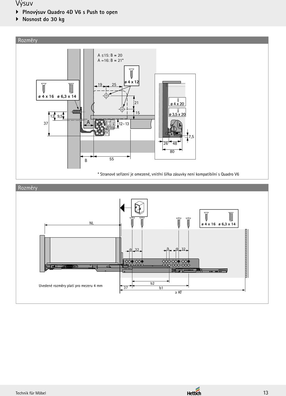 55 * Stranové seřízení je omezené, vnitřní šířka zásuvky není kompatibilní s Quadro V6 Rozměry
