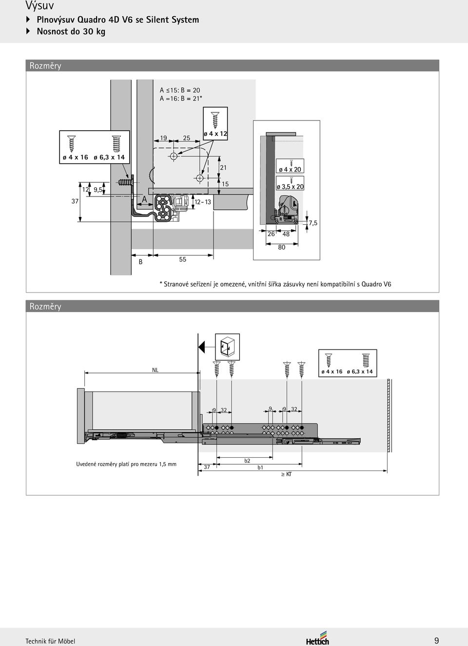 55 * Stranové seřízení je omezené, vnitřní šířka zásuvky není kompatibilní s Quadro V6 Rozměry