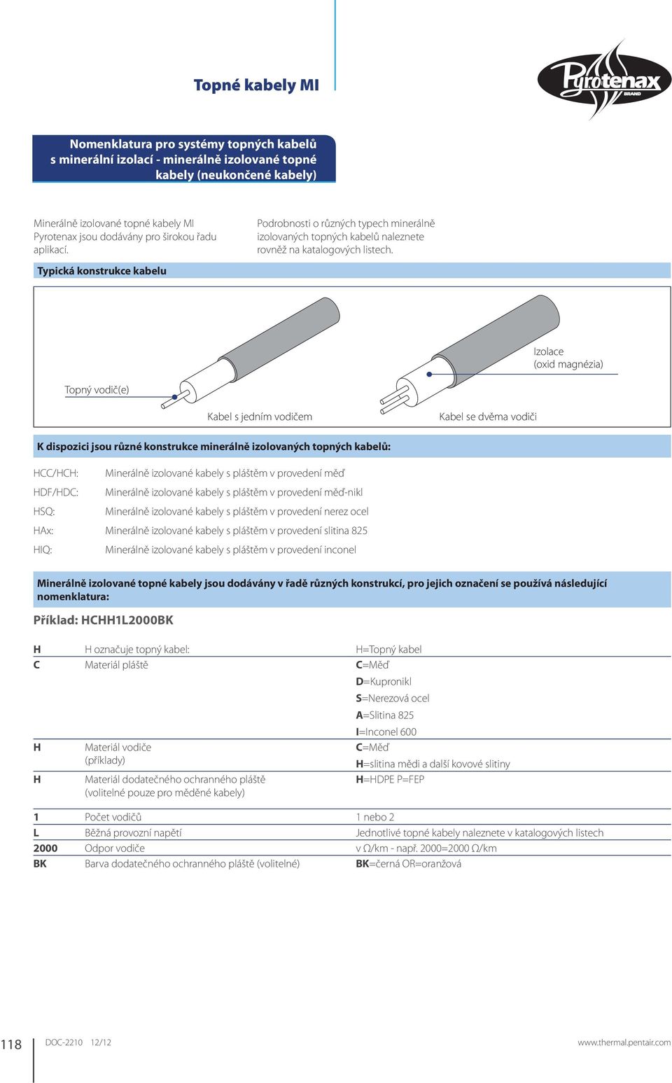 Izolace (oxid magnézia) Topný vodič(e) Kabel s jedním vodičem Kabel se dvěma vodiči K dispozici jsou různé konstrukce minerálně izolovaných topných kabelů: HCC/HCH: Minerálně izolované kabely s