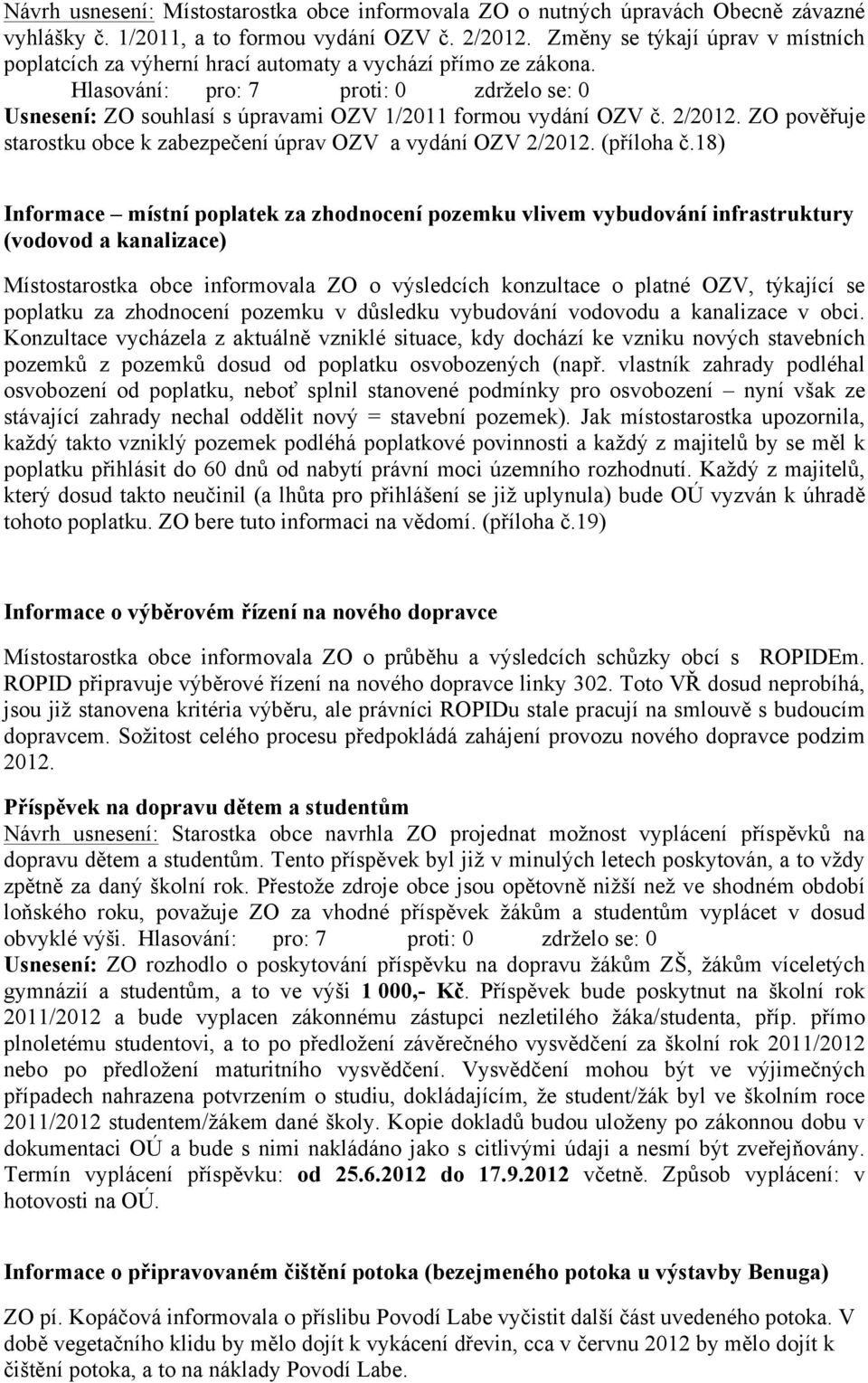ZO pověřuje starostku obce k zabezpečení úprav OZV a vydání OZV 2/2012. (příloha č.
