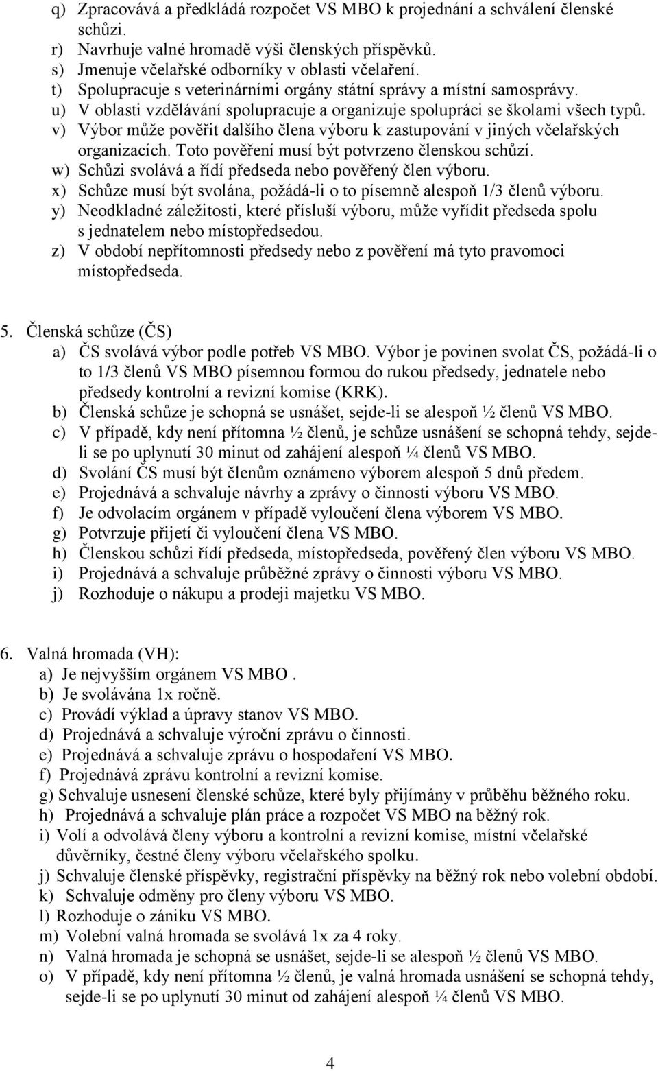 v) Výbor může pověřit dalšího člena výboru k zastupování v jiných včelařských organizacích. Toto pověření musí být potvrzeno členskou schůzí.