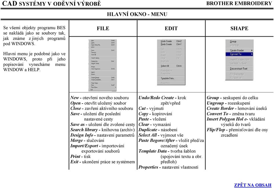 New - otevření nového souboru Open - otevřít uložený soubor Close - zavření aktivního souboru Save - uložení dle poslední nastavené cesty Save as - uložení dle zvolené cesty Search library - knihovna