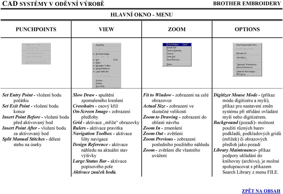 mříže obrazovky Rulers - aktivace pravítka Navigation Toolbox - aktivace lišty navigace Design Reference - aktivace náhledu na aktuální stav výšivky Large Status Bar - aktivace popisového pole