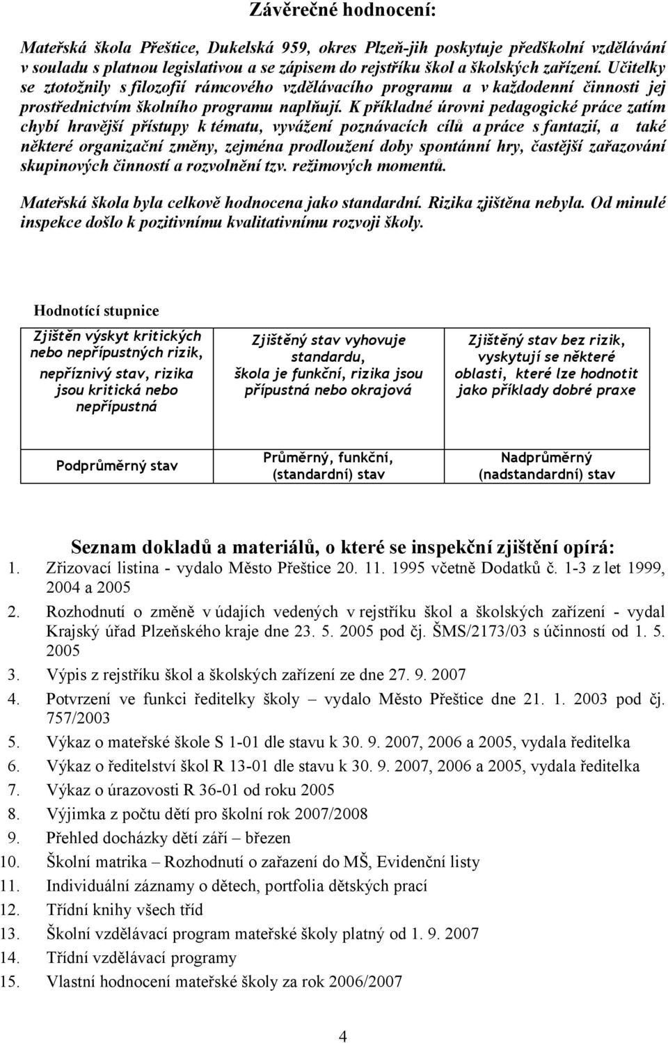 K příkladné úrovni pedagogické práce zatím chybí hravější přístupy ktématu, vyvážení poznávacích cílů a práce s fantazií, a také některé organizační změny, zejména prodloužení doby spontánní hry,