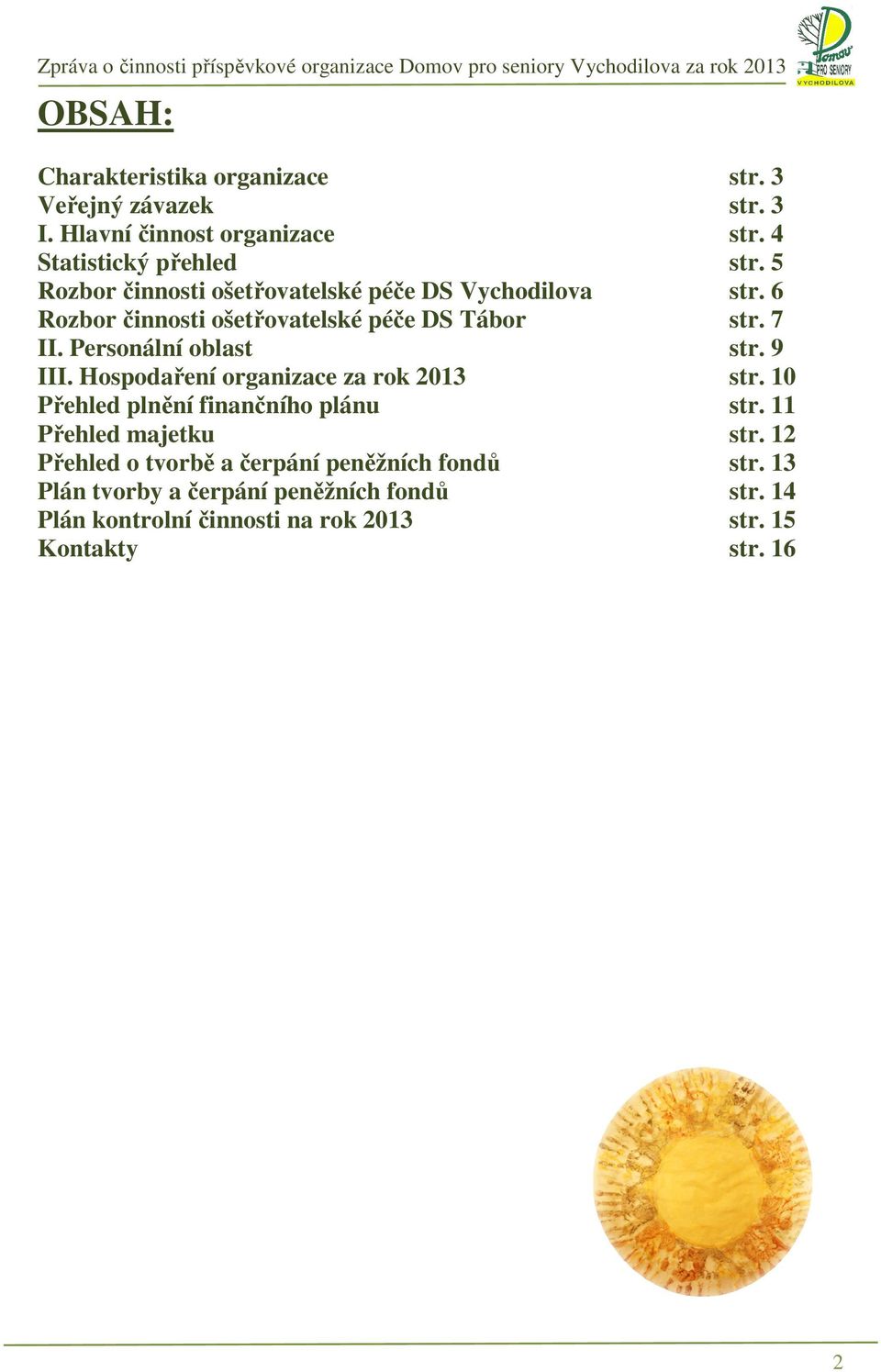 Personální oblast str. 9 III. Hospodaření organizace za rok 2013 str. 10 Přehled plnění finančního plánu str. 11 Přehled majetku str.