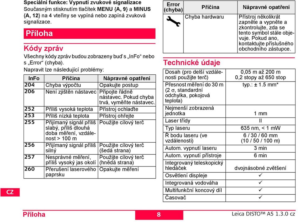 apravit lze následující problémy: no říčina ápravné opatření 204 Chyba výpočtu Opakujte postup 206 ení zjištěn nástavec řipojte řádně nástavec. okud chyba trvá, vyměňte nástavec.