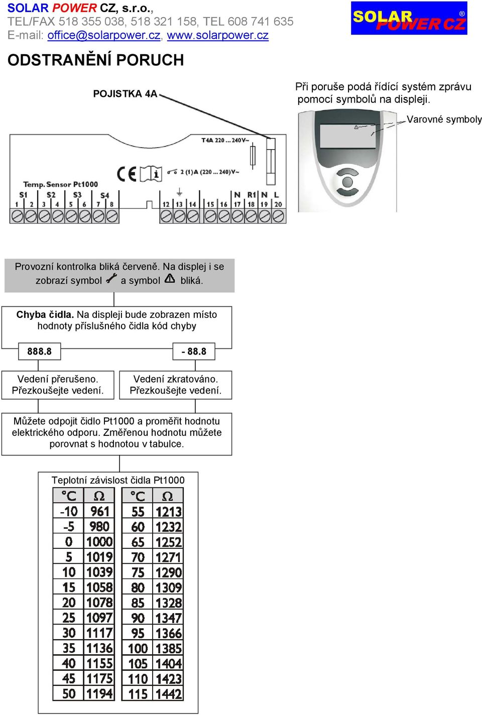 Na displeji bude zobrazen místo hodnoty příslušného čidla kód chyby 888.8 Vedení přerušeno. Přezkoušejte vedení. - 88.