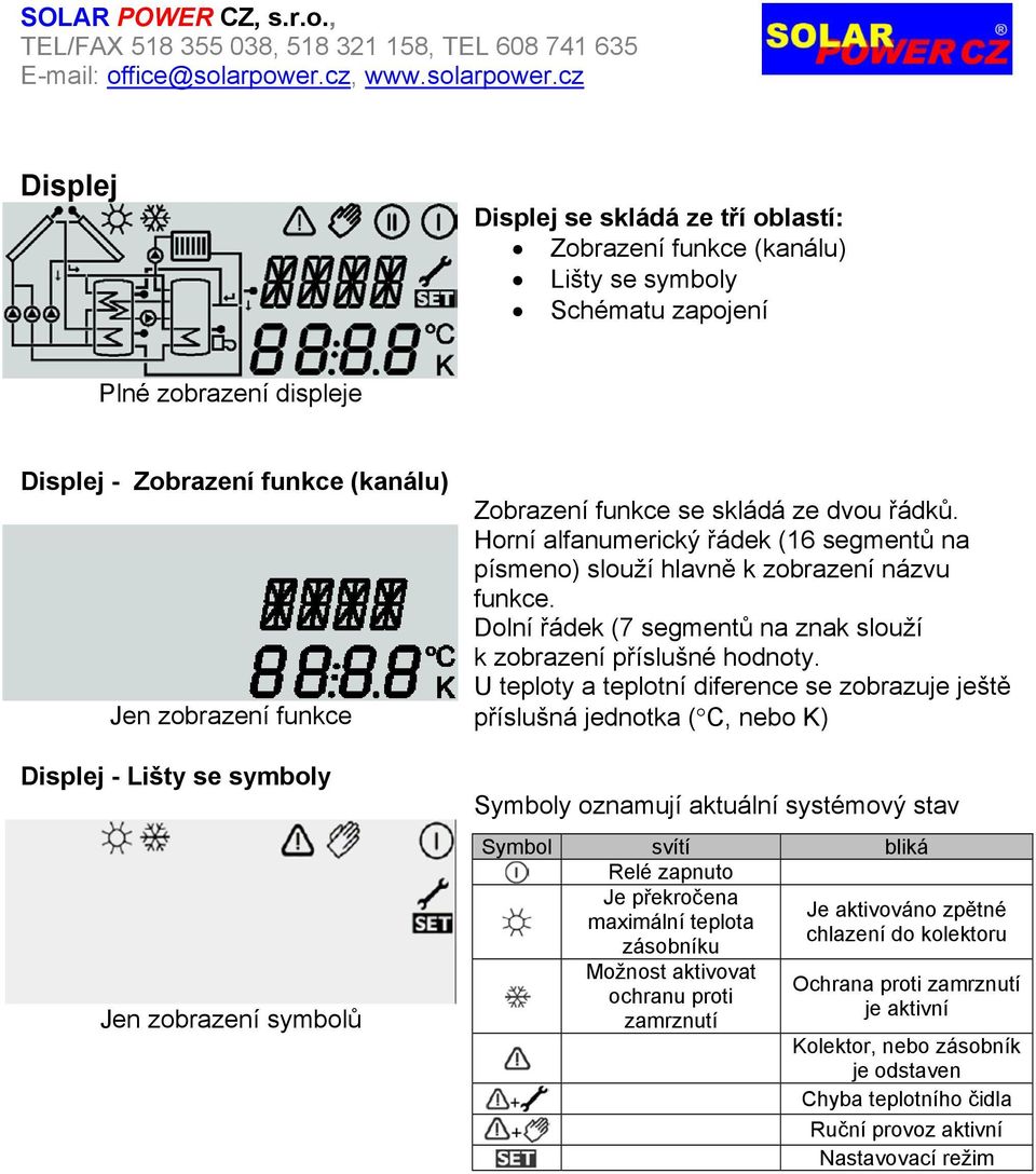 Dolní řádek (7 segmentů na znak slouží k zobrazení příslušné hodnoty.