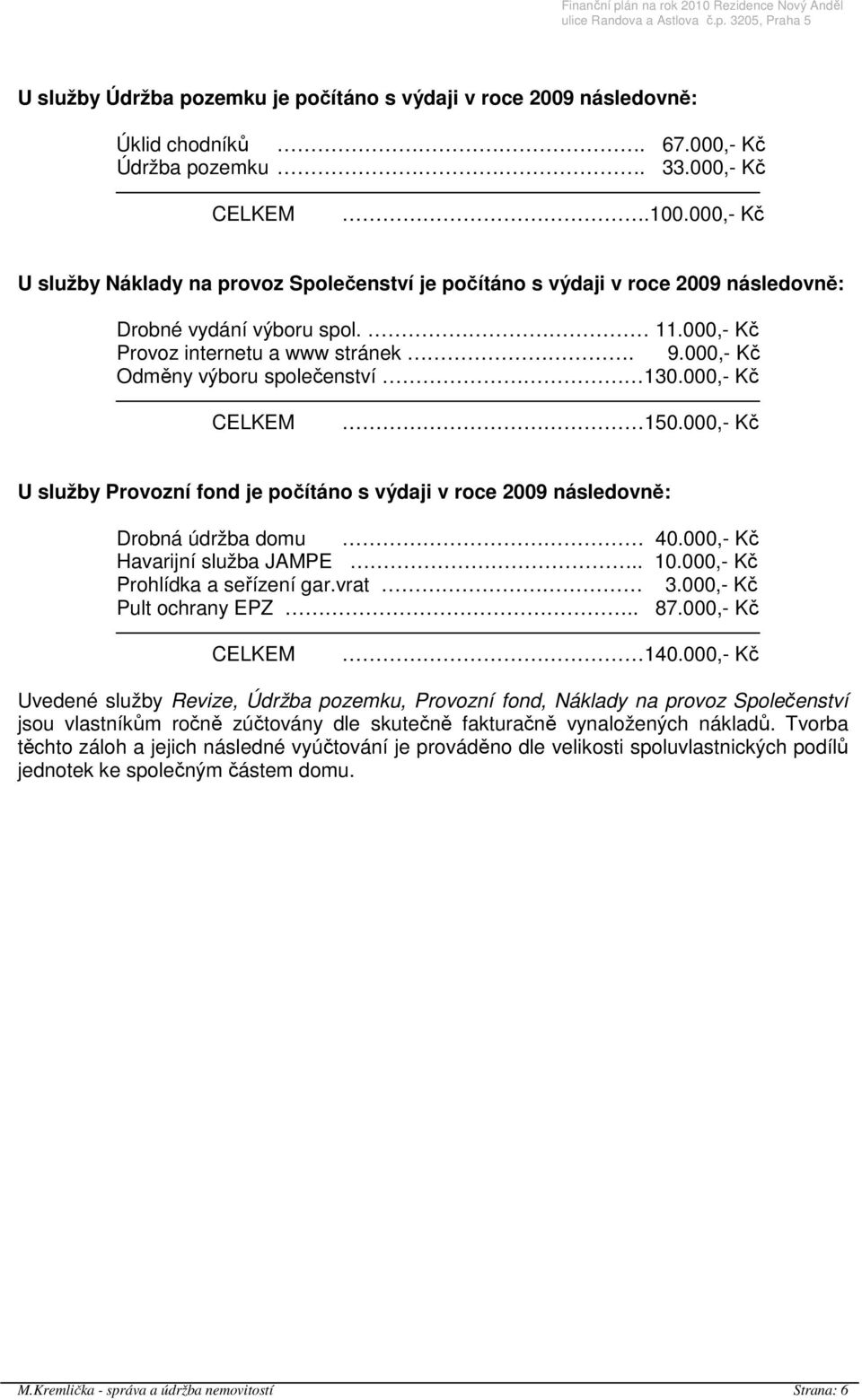 000,- Kč Odměny výboru společenství 130.000,- Kč CELKEM 150.000,- Kč U služby Provozní fond je počítáno s výdaji v roce 2009 následovně: Drobná údržba domu 40.000,- Kč Havarijní služba JAMPE.. 10.