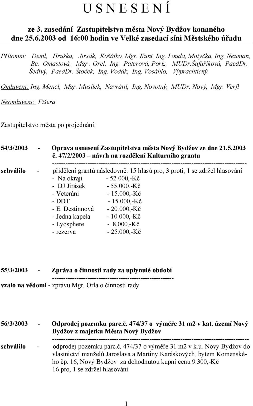 Musílek, Navrátil, Ing. Novotný, MUDr. Nový, Mgr. Verfl Neomluveni: Fišera Zastupitelstvo města po projednání: 54/3/2003 - Oprava usnesení Zastupitelstva města Nový Bydžov ze dne 21.5.2003 č.