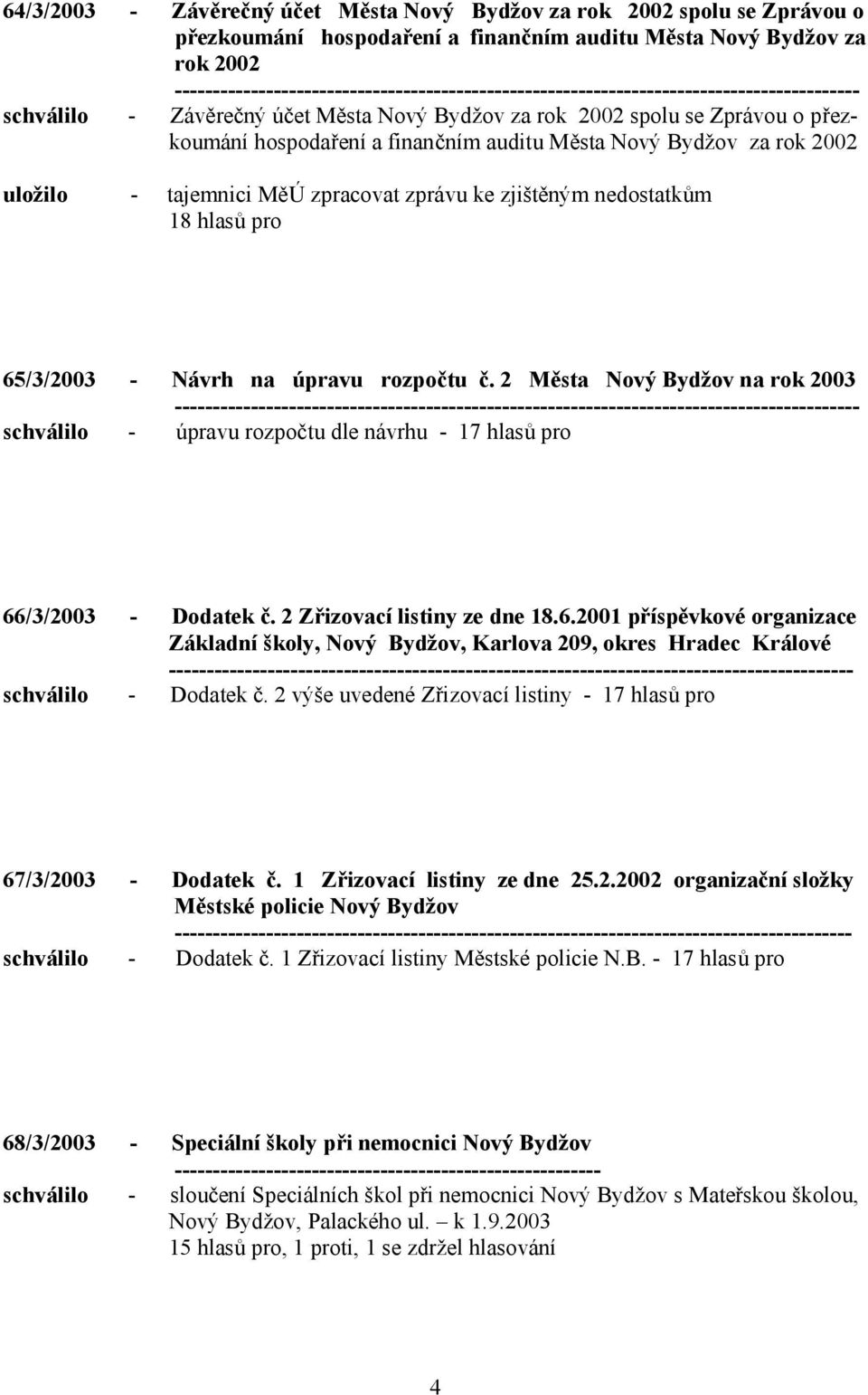 na úpravu rozpočtu č. 2 Města Nový Bydžov na rok 2003 schválilo - úpravu rozpočtu dle návrhu - 17 hlasů pro 66