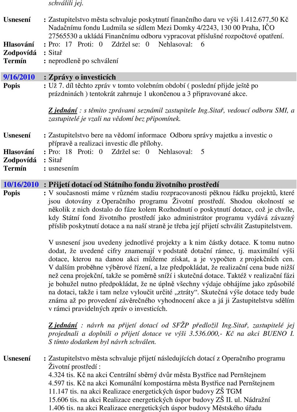 Hlasování : Pro: 17 Proti: 0 Zdržel se: 0 Nehlasoval: 6 Zodpovídá : Sitař Termín : neprodleně po schválení 9/16/2010 : Zprávy o investicích Popis : Už 7.