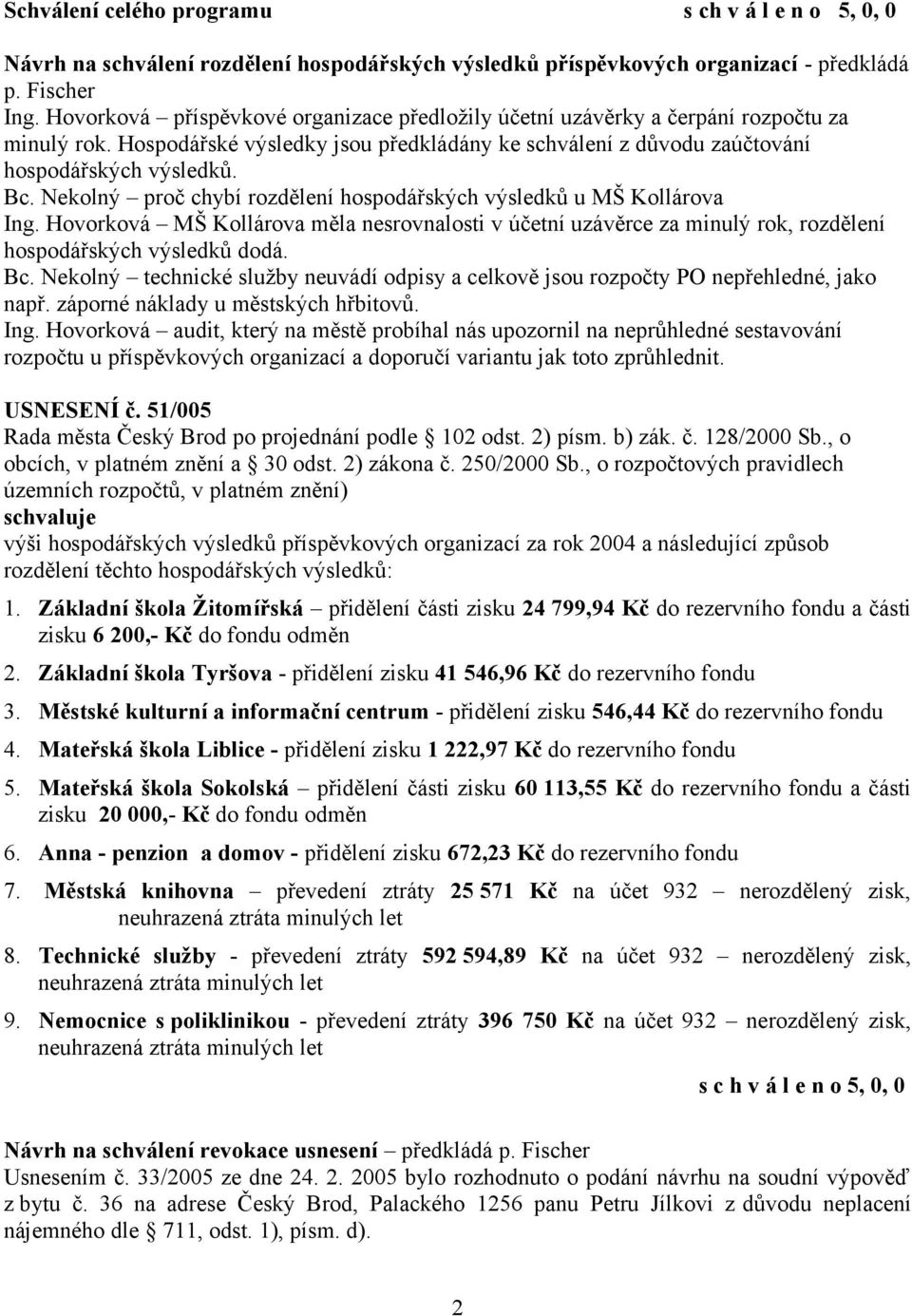 Nekolný proč chybí rozdělení hospodářských výsledků u MŠ Kollárova Ing. Hovorková MŠ Kollárova měla nesrovnalosti v účetní uzávěrce za minulý rok, rozdělení hospodářských výsledků dodá. Bc.