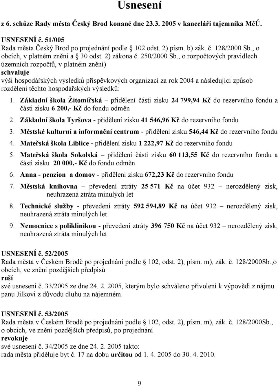 , o rozpočtových pravidlech územních rozpočtů, v platném znění) schvaluje výši hospodářských výsledků příspěvkových organizací za rok 2004 a následující způsob rozdělení těchto hospodářských