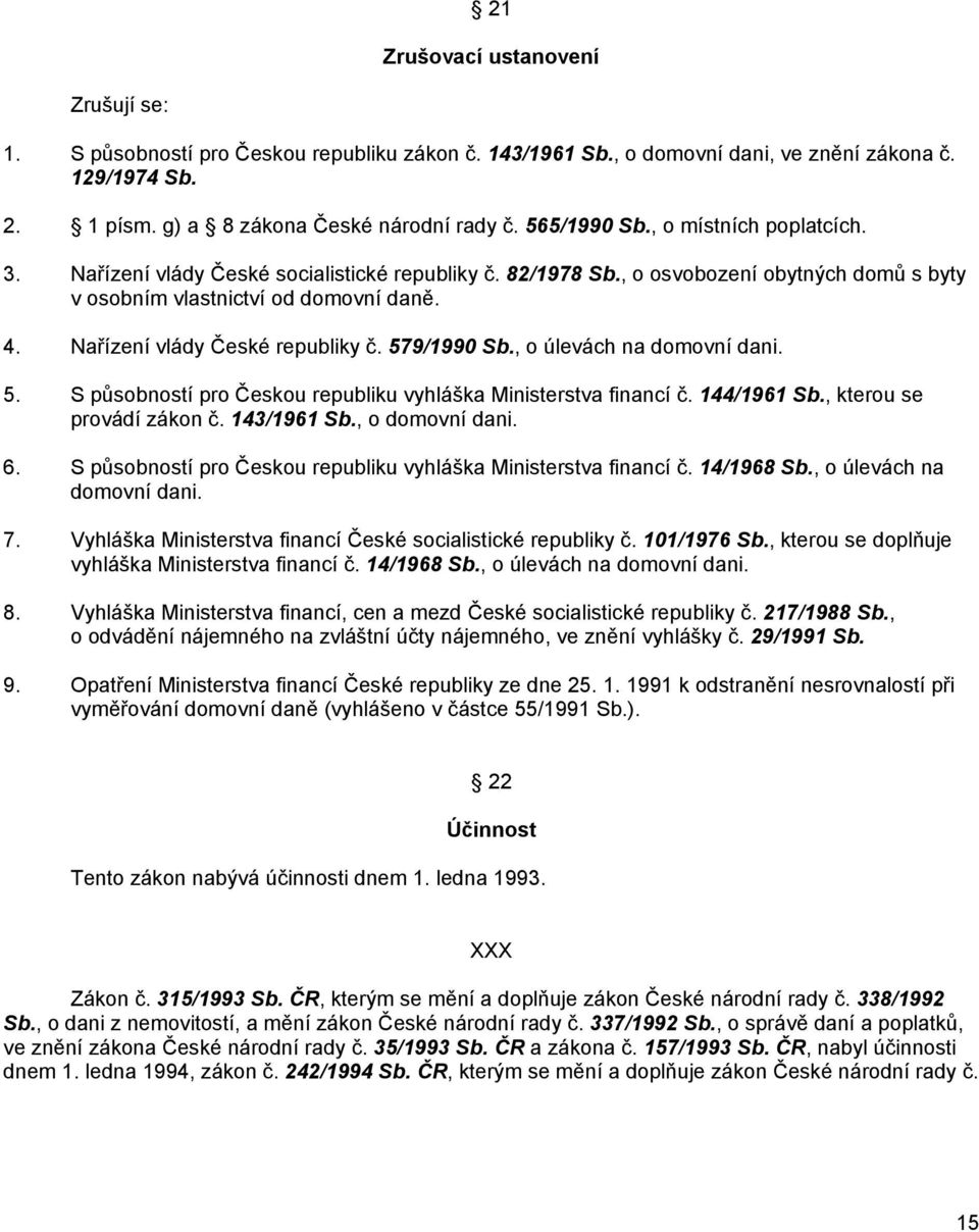 Nařízení vlády České republiky č. 579/1990 Sb., o úlevách na domovní dani. 5. S působností pro Českou republiku vyhláška Ministerstva financí č. 144/1961 Sb., kterou se provádí zákon č. 143/1961 Sb.