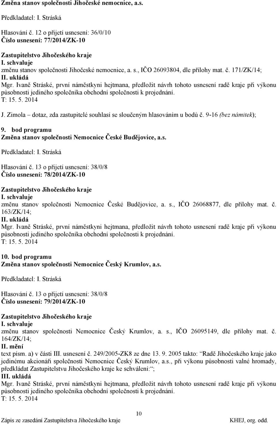 Ivaně Stráské, první náměstkyni hejtmana, předloţit návrh tohoto usnesení radě kraje při výkonu působnosti jediného společníka obchodní společnosti k projednání. T: 15. 5. 2014 J.