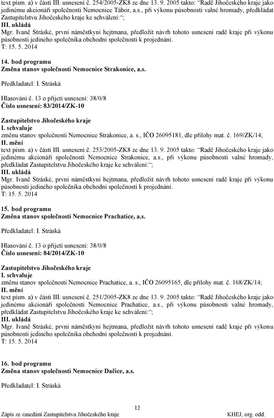 bod programu Změna stanov společnosti Nemocnice Strakonice, a.s. Předkladatel: I. Stráská Hlasování č.