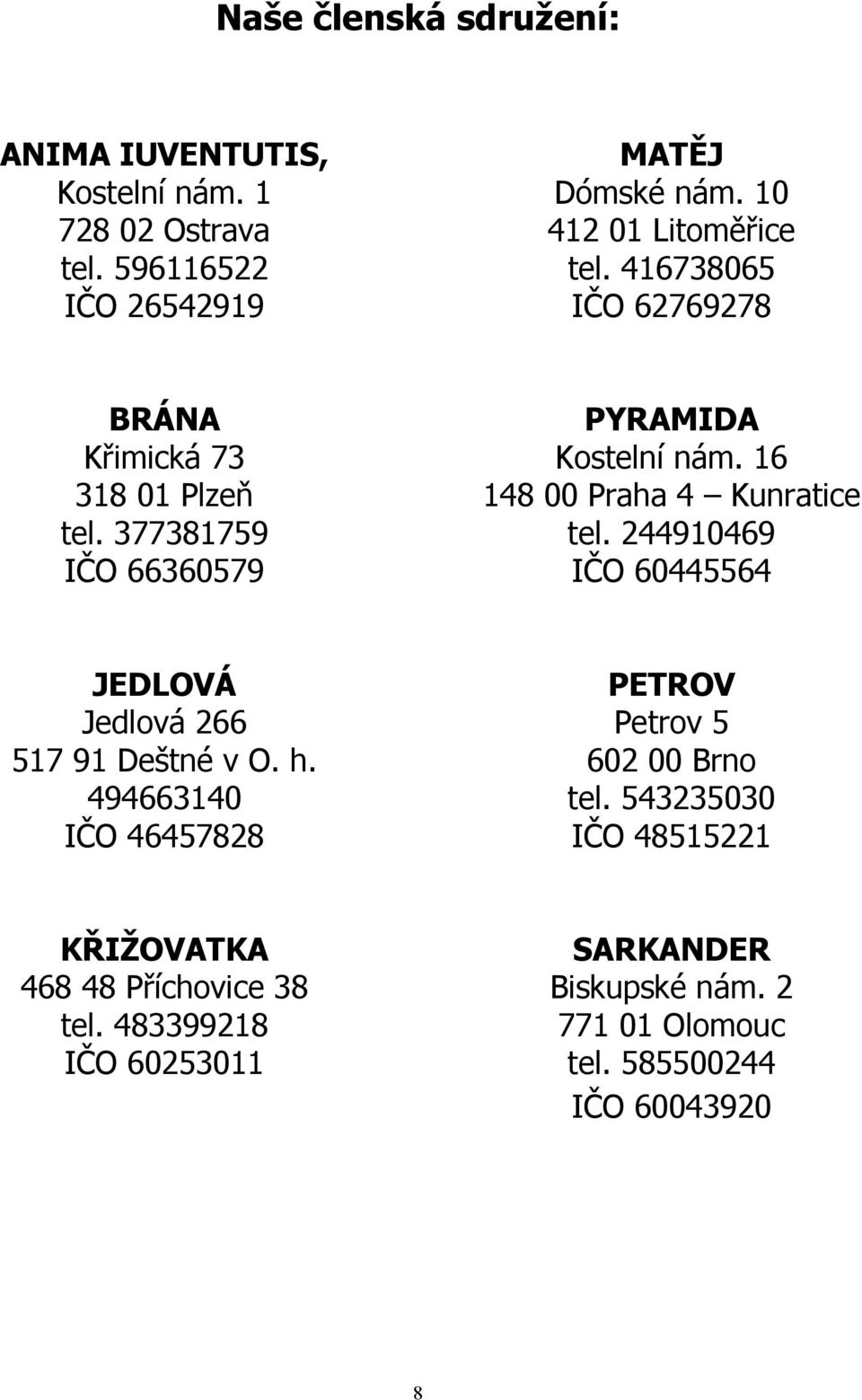 16 148 00 Praha 4 Kunratice tel. 244910469 IČO 60445564 JEDLOVÁ Jedlová 266 517 91 Deštné v O. h.
