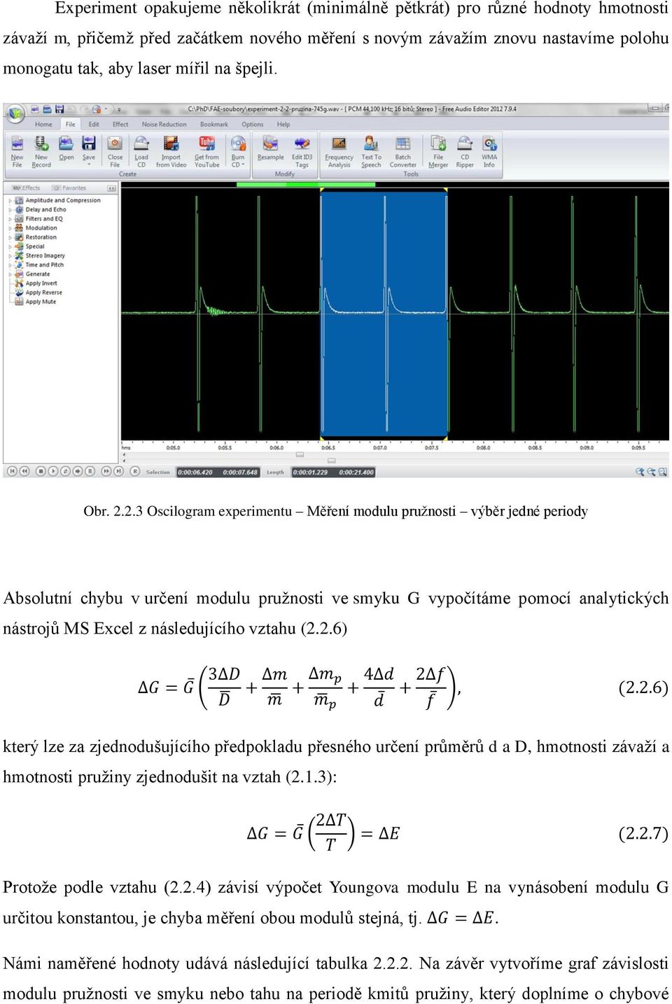 2.3 Oscilogram experimentu Měření modulu pružnosti výběr jedné periody Absolutní chybu v určení modulu pružnosti ve smyku G vypočítáme pomocí analytických nástrojů MS Excel z následujícího vztahu (2.