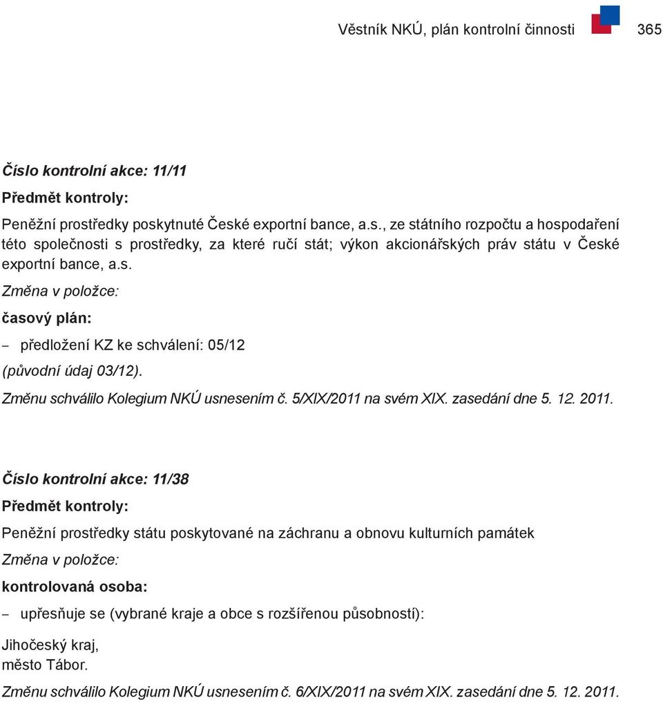 Číslo kontrolní akce: 11/38 Předmět kontroly: Peněžní prostředky státu poskytované na záchranu a obnovu kulturních památek Změna v položce: kontrolovaná osoba: upřesňuje se (vybrané kraje a obce s