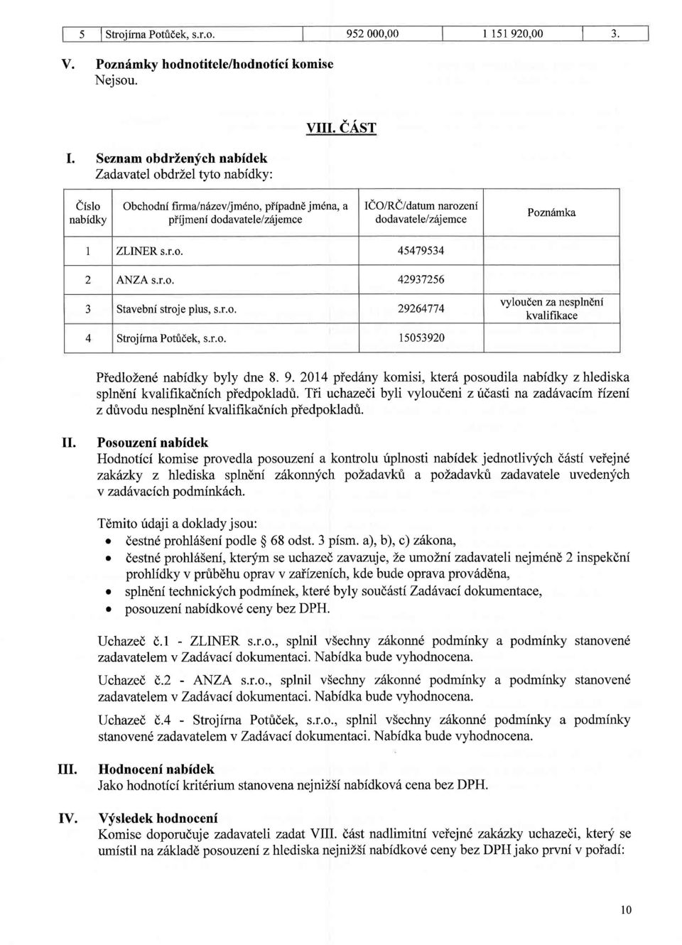 r.o. 29264774 4 Strojirna Potudek, s.r.o. t5053920 PiedloZen6 nabidky byly dne 8. 9. 2014 pied6ny komisi, kter6 posoudila nabidky z hlediska splndni kvalifikadnich piedpokladfi.
