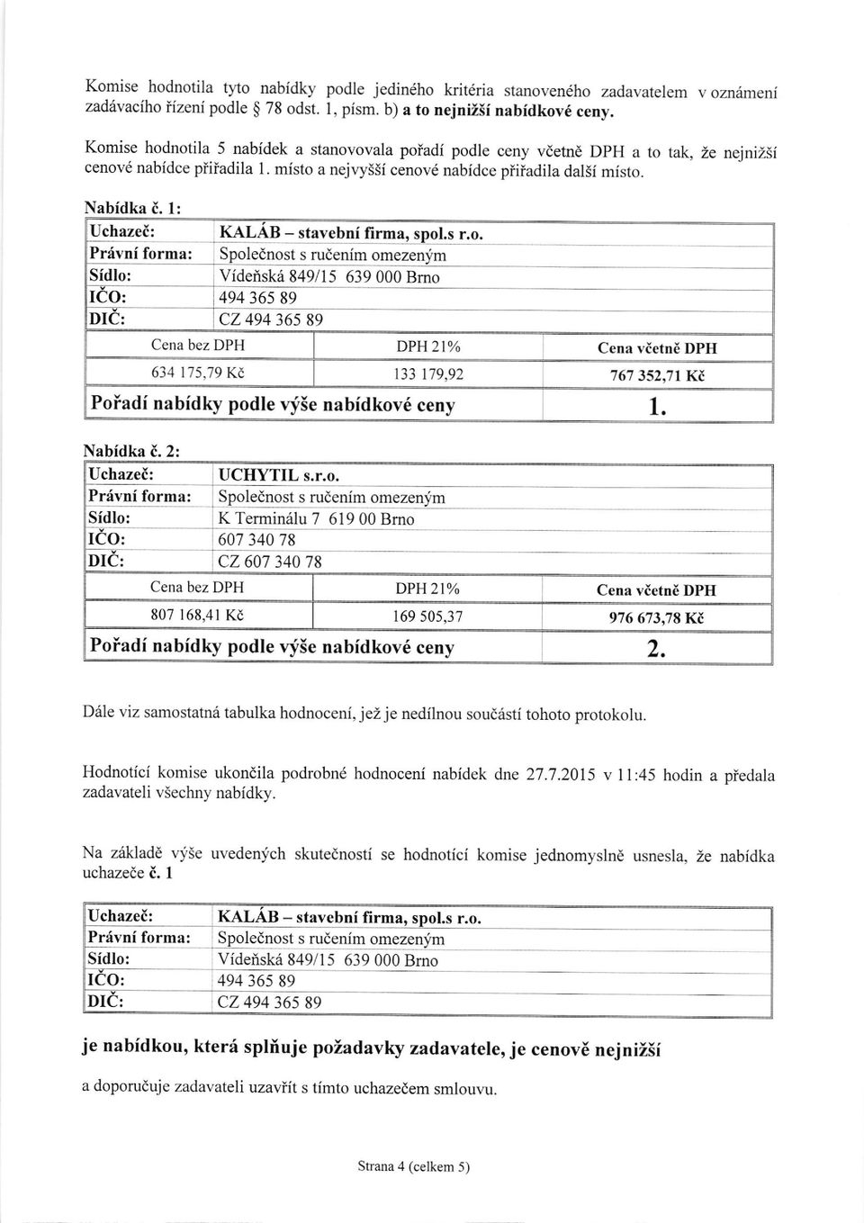 I : Uchazei: Pr6vni forma: I o: DI Cena bez DPH KALAB- stavcbni firma, spol.s r,o.