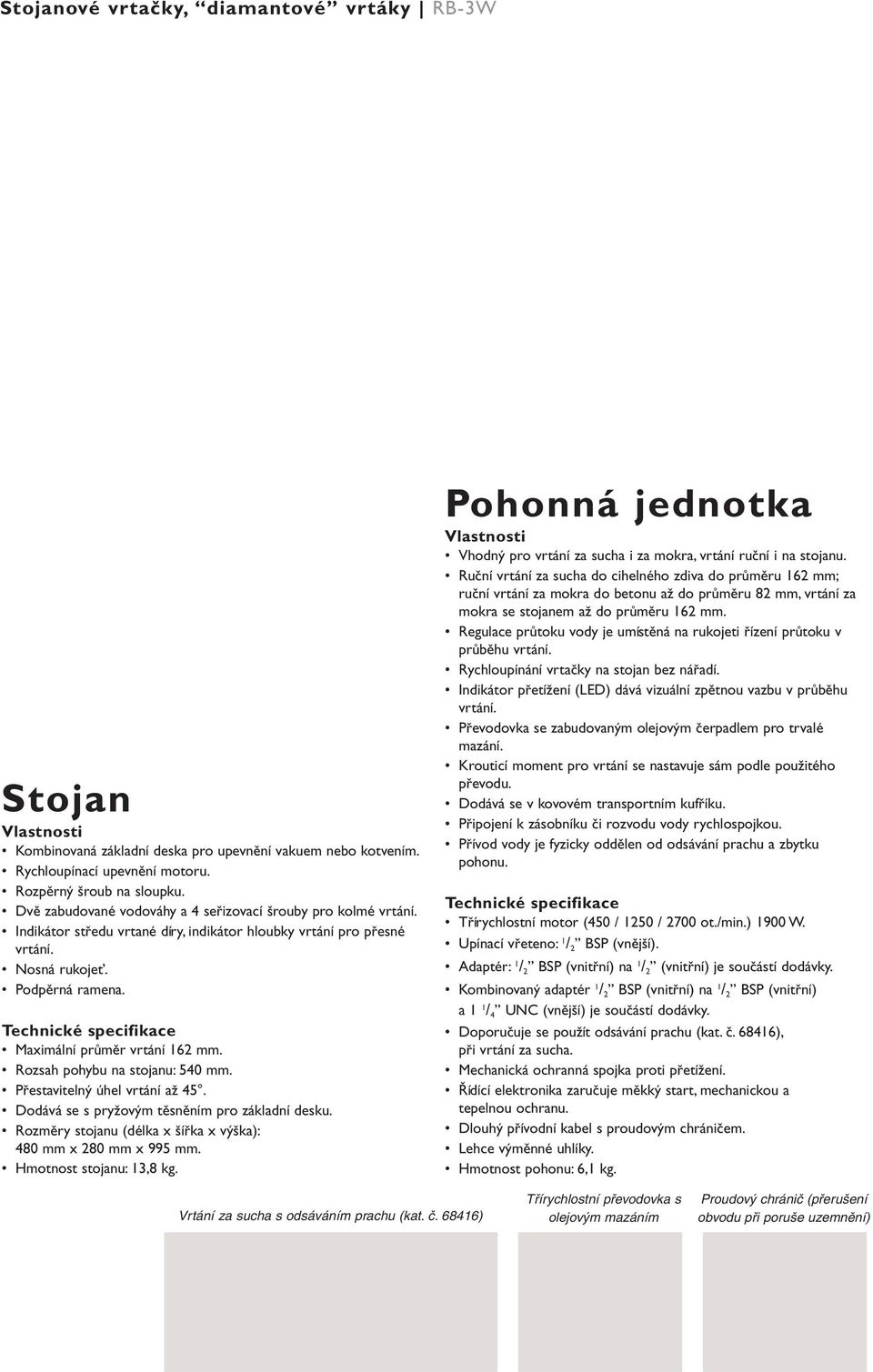 Rozsah pohybu na stojanu: 540. Přestavitelný úhel vrtání až 45. Dodává se s pryžovým těsněním pro základní desku. Rozměry stojanu (délka x šířka x výška): 480 x 280 x 995. Hmotnost stojanu: 3,8 kg.