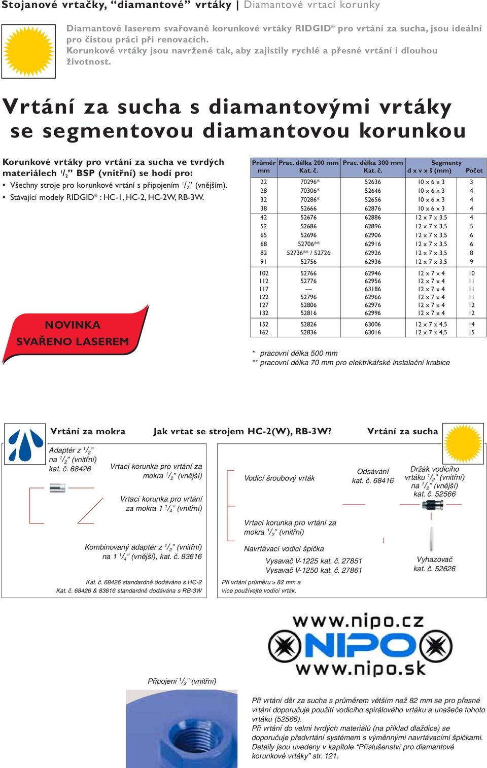 Vrtání za sucha s diamantovými vrtáky se segmentovou diamantovou korunkou Korunkové vrtáky pro vrtání za sucha ve tvrdých materiálech / 2 BSP (vnitřní) se hodí pro: Všechny stroje pro korunkové