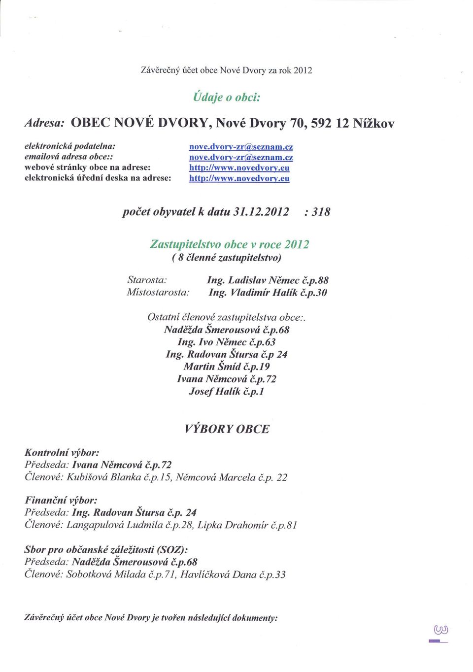 2012 : 318 Zastupitelstvo obce v roce 2012 (8 clenné zastupitelstvo) Starosta: Místostarosta: Ing. Ladislav Nemec c.p.88 Ing. Vladimír Halík c.p.30 Ostatní clenové zastupitelstva obce:.