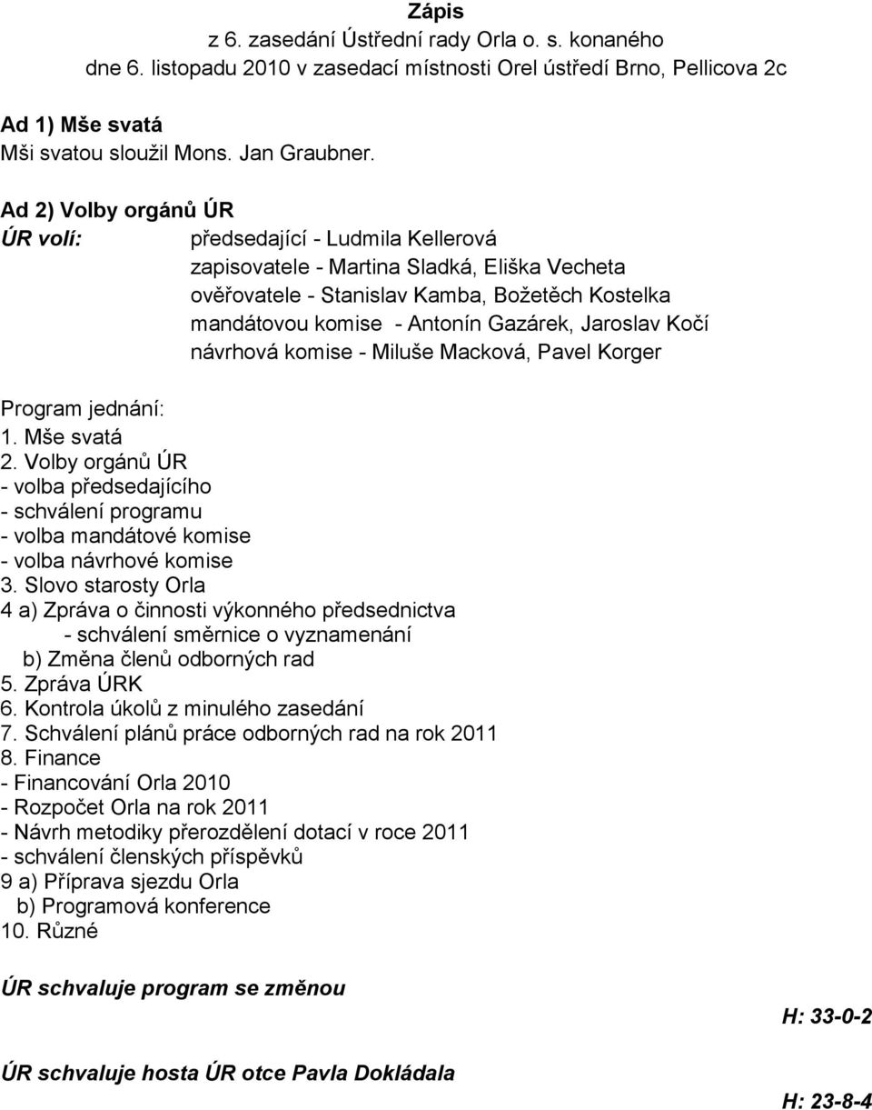 Jaroslav Kočí návrhová komise - Miluše Macková, Pavel Korger Program jednání: 1. Mše svatá 2.