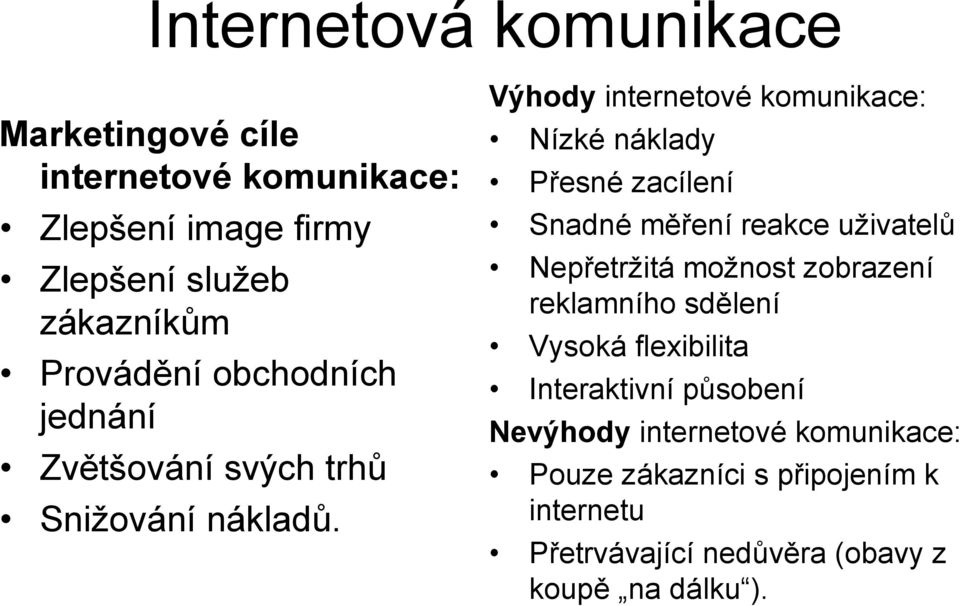 Výhody internetové komunikace: Nízké náklady Přesné zacílení Snadné měření reakce uživatelů Nepřetržitá možnost zobrazení